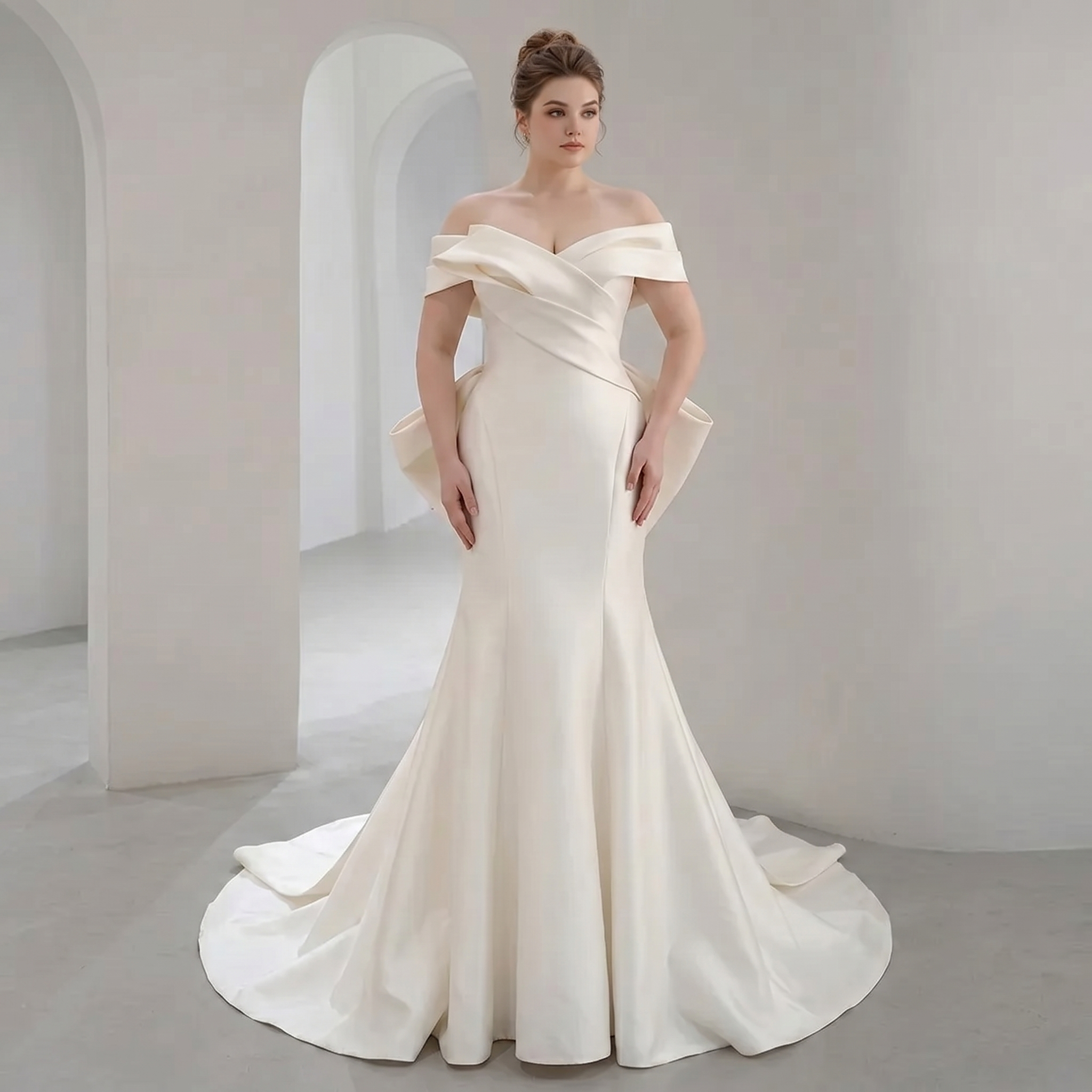 A mannequin displaying an off-the-shoulder mermaid bridal gown with a sweetheart neckline and delicate short sleeves.