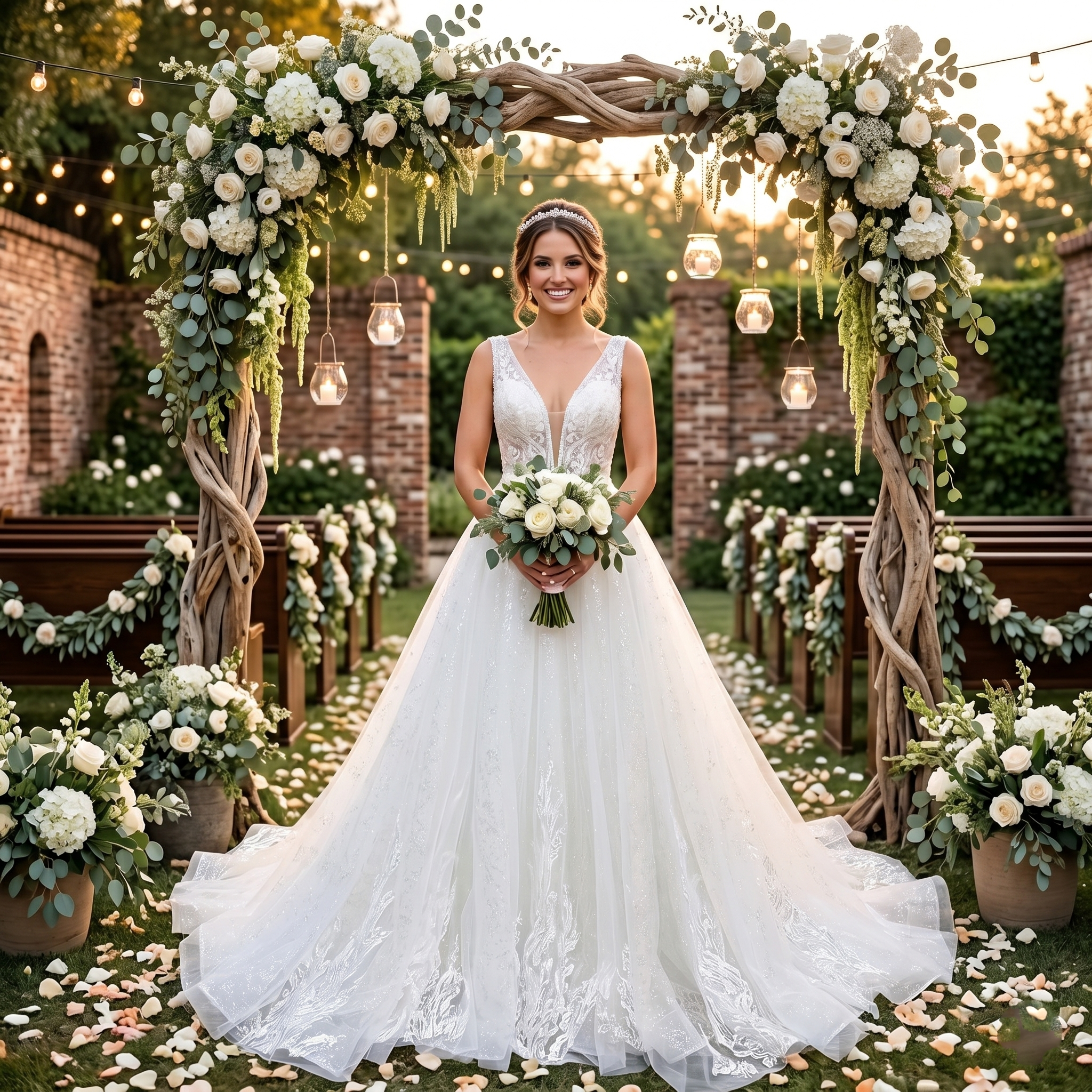 Smiling bride wearing a sparkling A-line wedding dress with pearl embellishments and a plunging neckline, standing under a floral arch at an outdoor wedding venue.