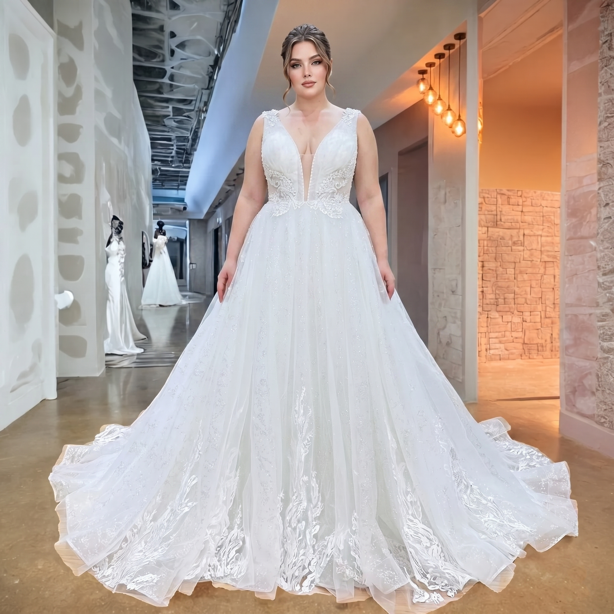 Full-length view of a curve model showcasing the sleeveless A-line wedding dress with a deep plunging V-neckline and shimmering tulle skirt inside a bridal boutique.