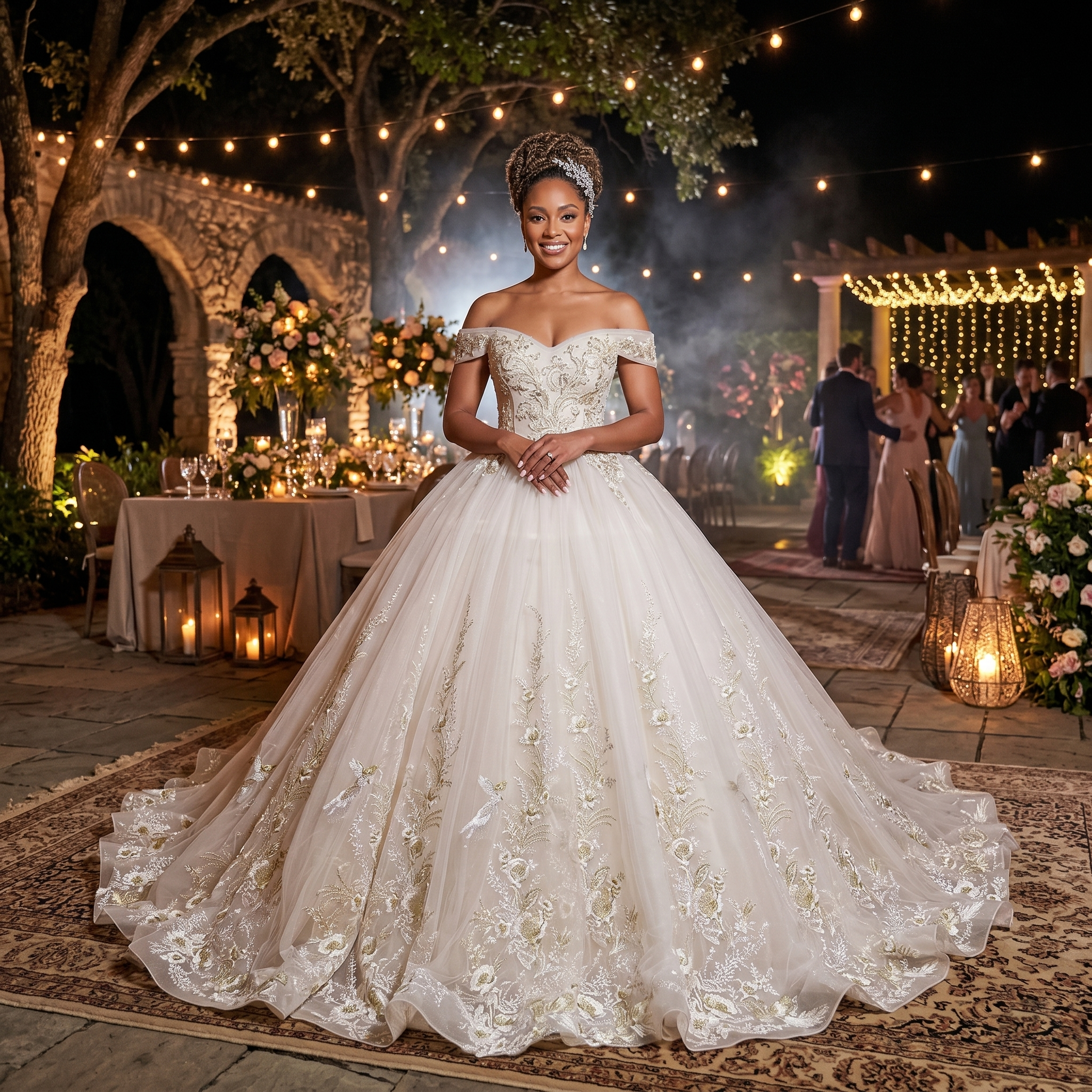 Smiling bride wearing an off-the-shoulder princess wedding dress with gold beadwork and lace appliques at an elegant outdoor evening reception.