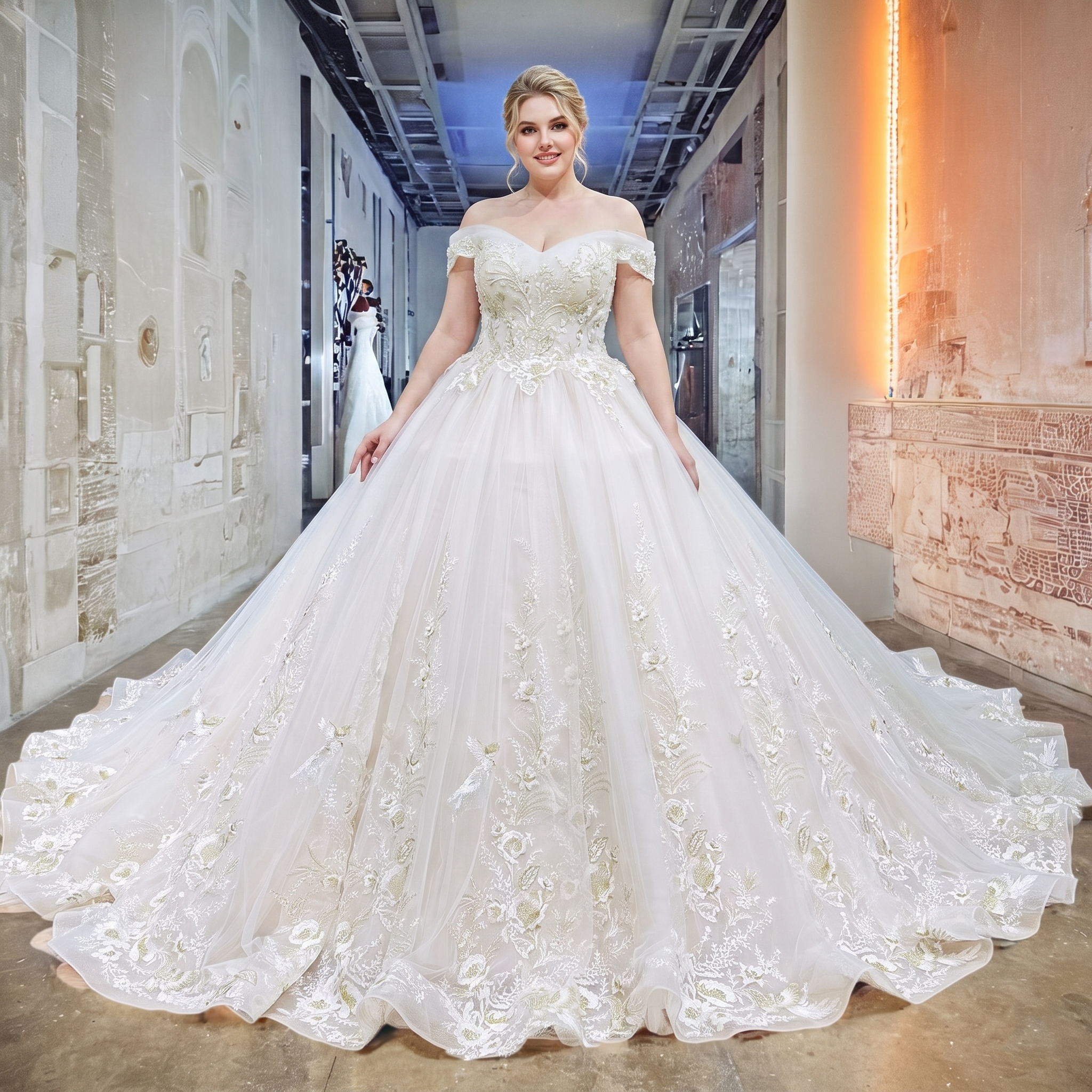 Studio portrait of a blonde plus-size bride modeling a champagne tulle princess bridal gown with a beaded off-the-shoulder sweetheart neckline.