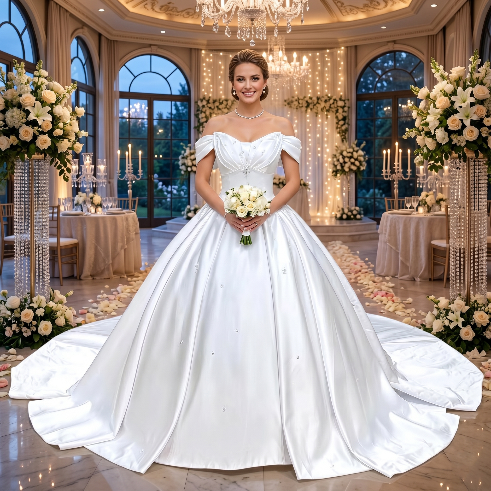 Smiling bride wearing a classic off-the-shoulder white satin ball gown wedding dress with a pleated bodice in an opulent luxury wedding venue.