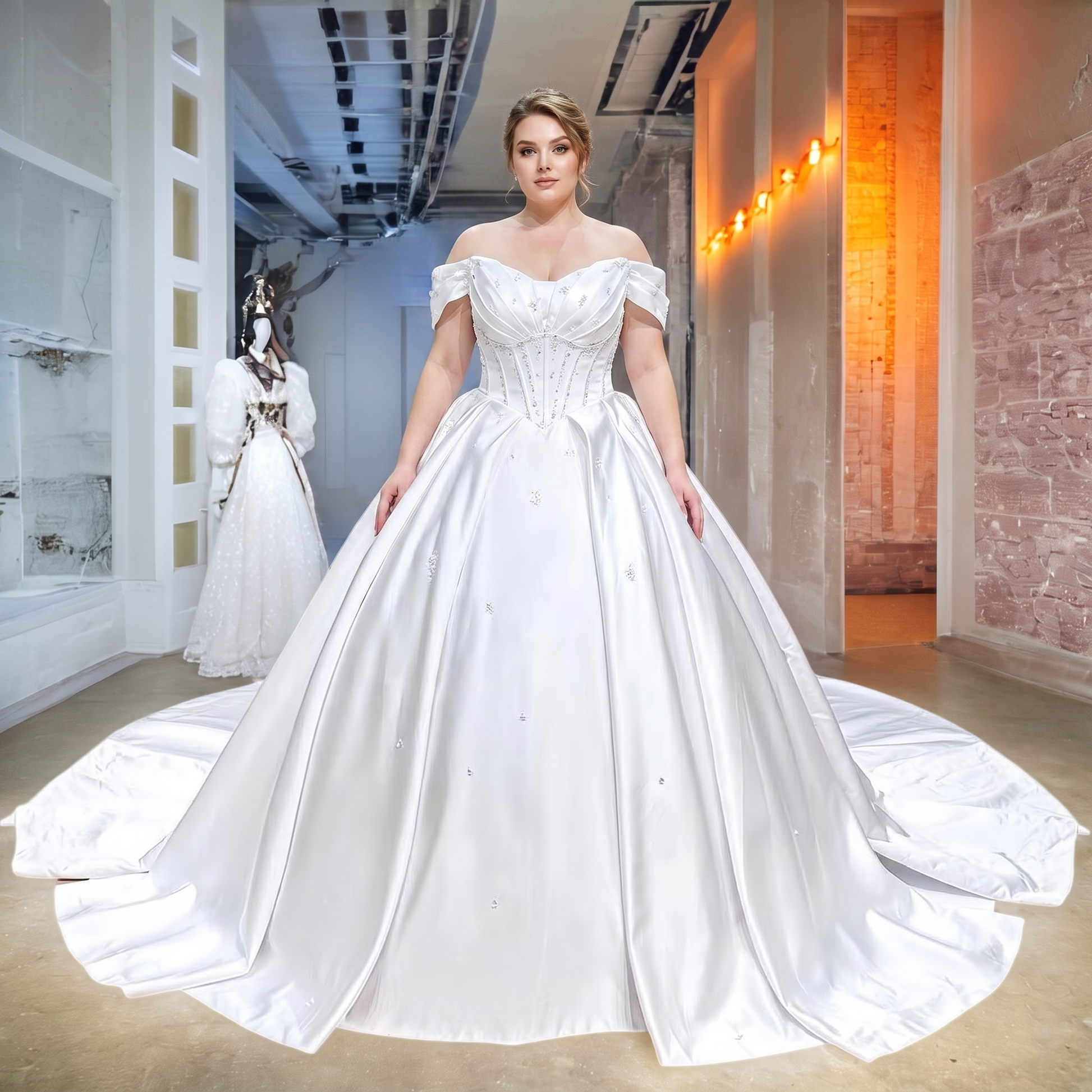 Plus-size bridal model modeling a white satin off-the-shoulder ball gown featuring a structured pointed basque waist and delicate beaded accents.