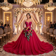 A beautiful bride wearing a dramatic ruby red ball gown wedding dress with a heavily beaded sweetheart neckline, holding a matching floral bouquet at an indoor luxury wedding altar.