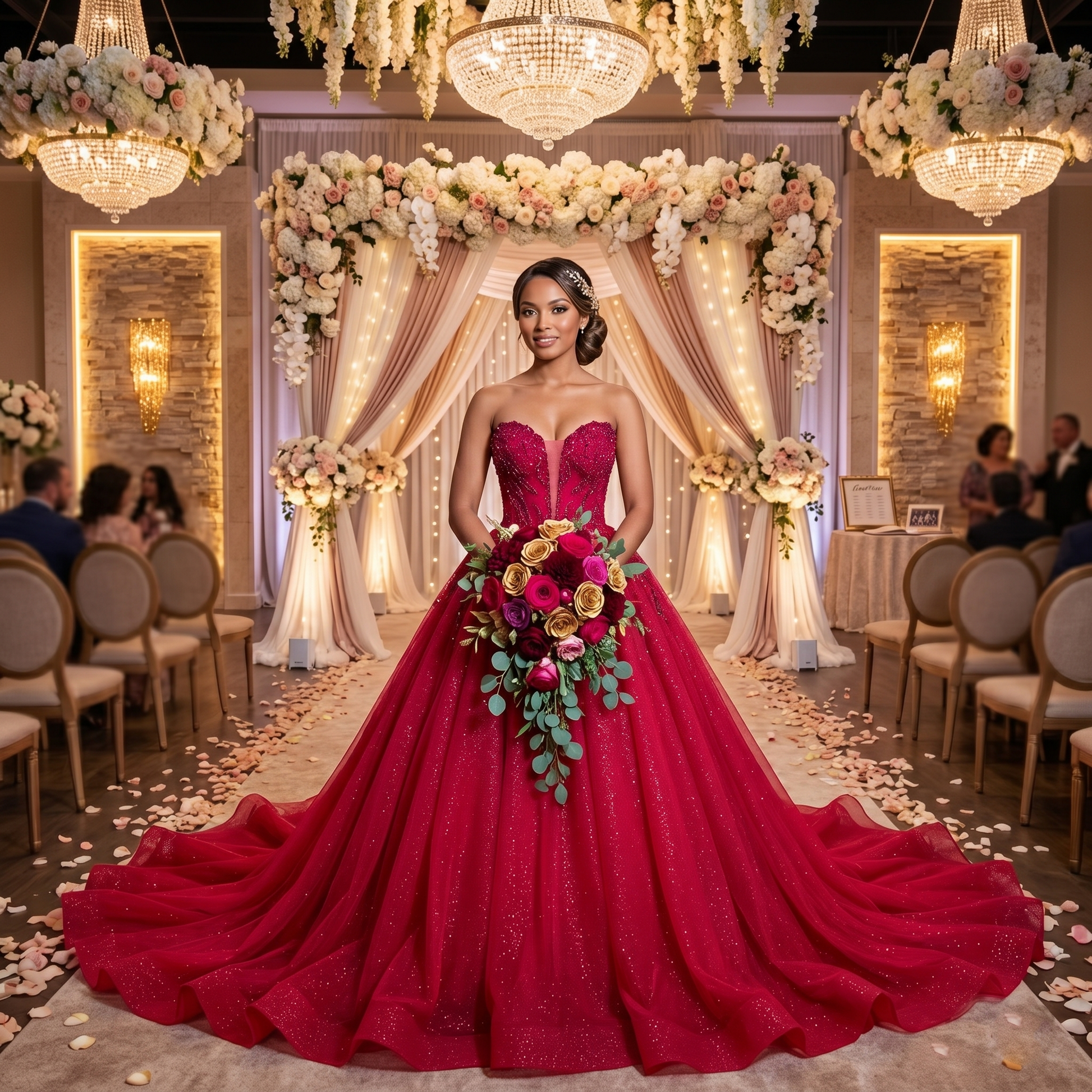 A beautiful bride wearing a dramatic ruby red ball gown wedding dress with a heavily beaded sweetheart neckline, holding a matching floral bouquet at an indoor luxury wedding altar.