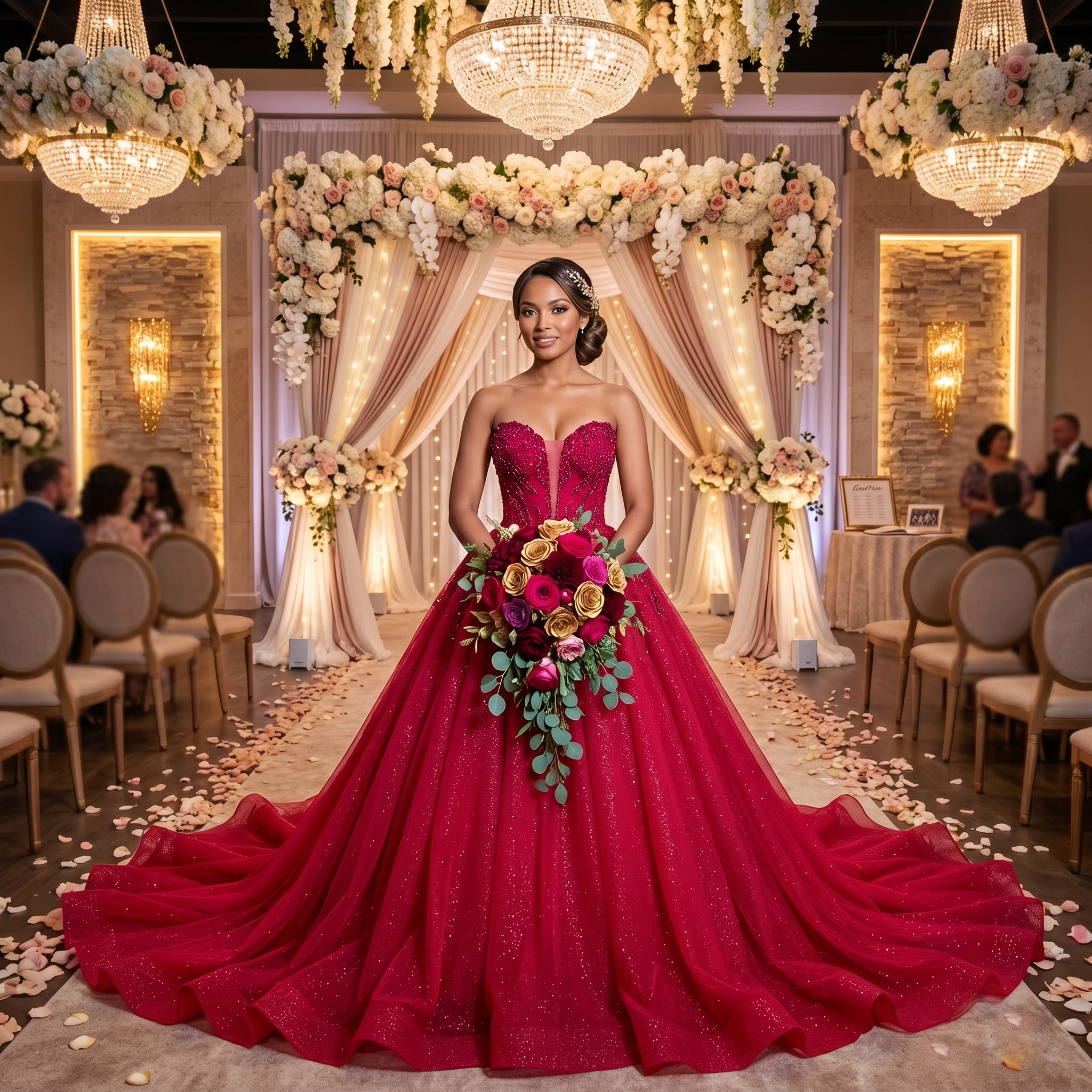 A beautiful bride wearing a dramatic ruby red ball gown wedding dress with a heavily beaded sweetheart neckline, holding a matching floral bouquet at an indoor luxury wedding altar.
