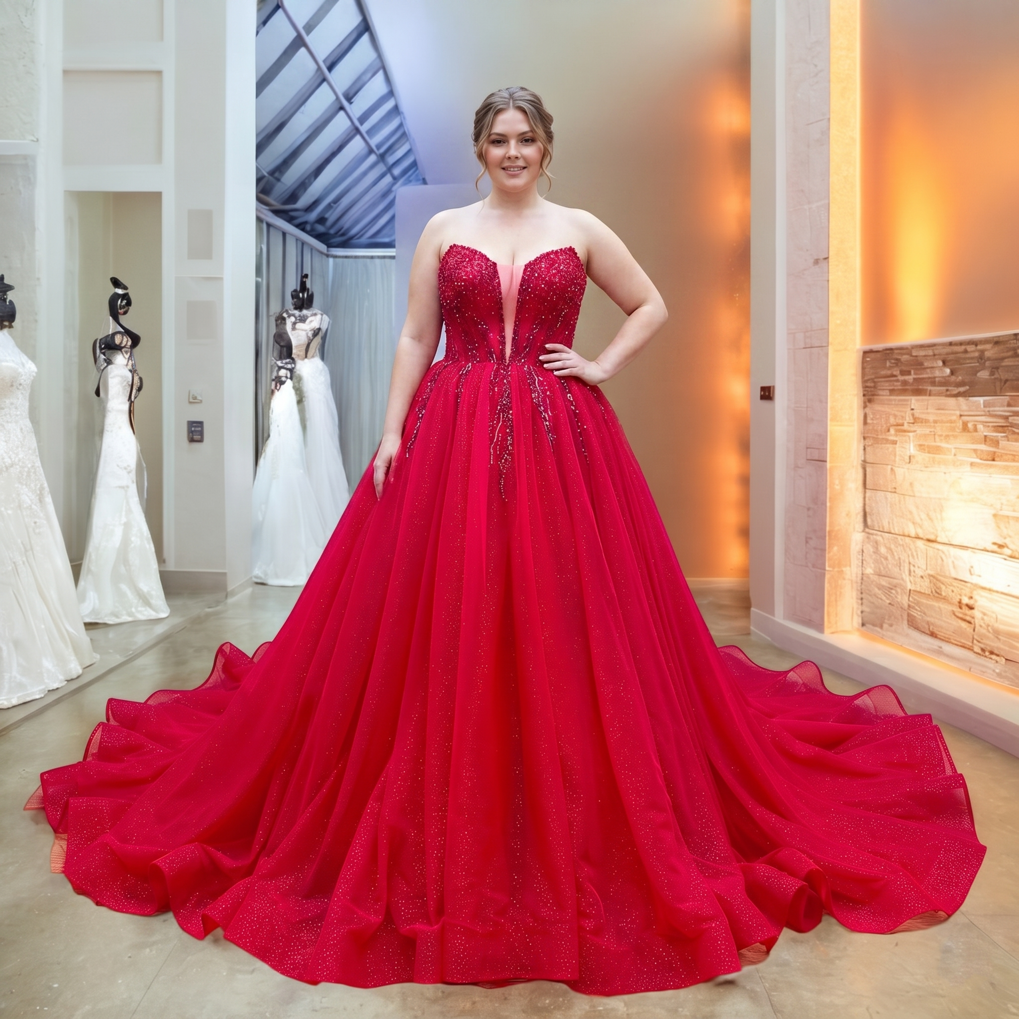 A plus-size bridal model posing in a vibrant red princess ball gown featuring a glistening sequined corset bodice, strapless sweetheart neckline, and a voluminous flared skirt.