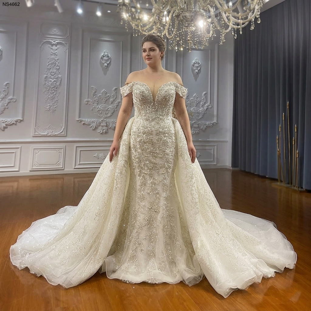 A curvy bride showcasing the flattering fit of a sparkling off the shoulder mermaid wedding dress with a removable ball gown skirt, highlighting the heavy crystal embroidery and elegant 2-in-1 trumpet silhouette in a bridal showroom.