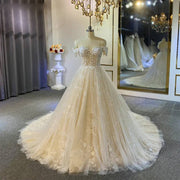 Front view of an elegant off-the-shoulder wedding dress with a sweetheart neckline and delicate lace overlays on a champagne tulle skirt.