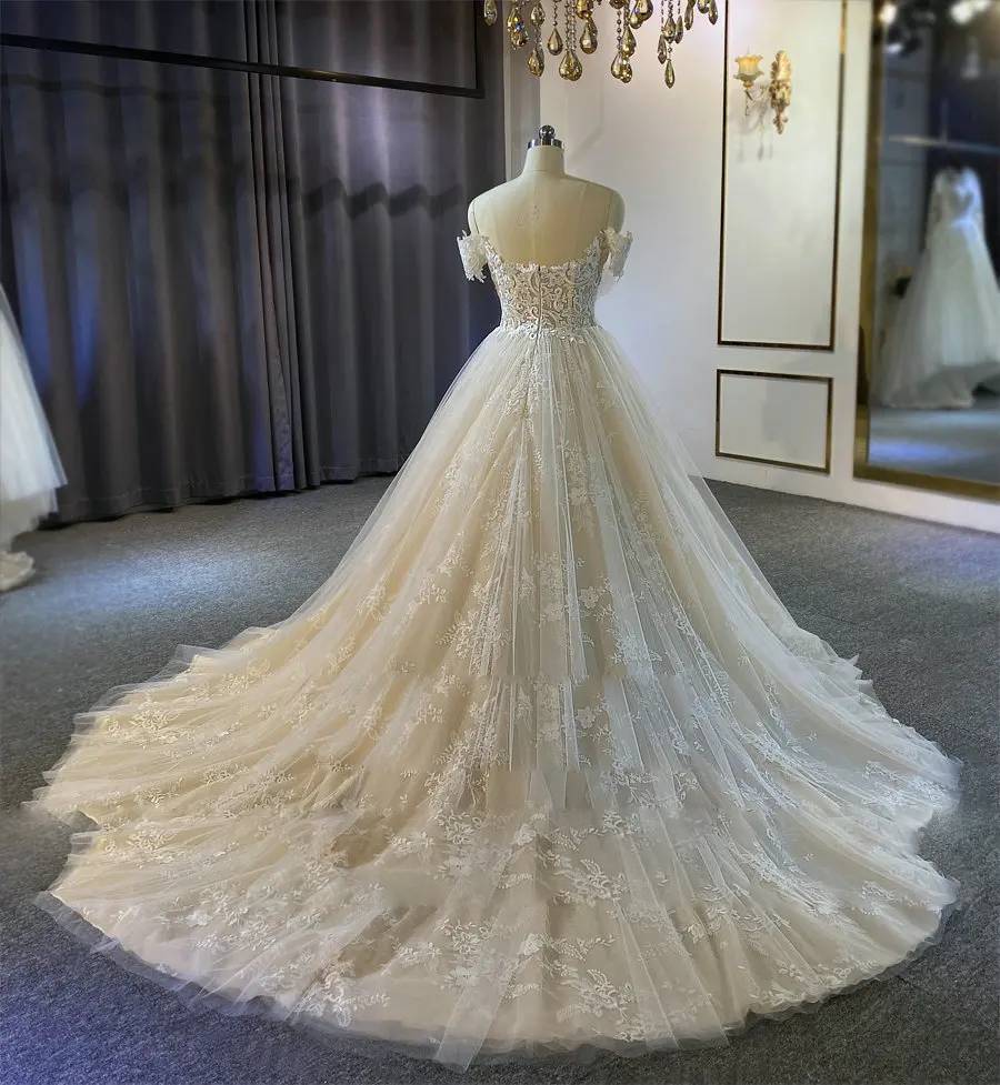 Back view of a light champagne bridal gown showcasing a low illusion back and a sweeping cathedral-length lace train.