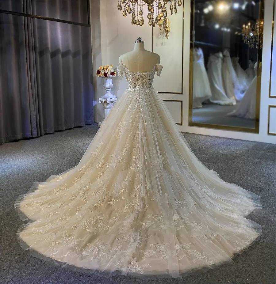 Full-length rear view of a romantic off-the-shoulder wedding dress featuring tiered tulle and intricate floral lace appliqués on the train.