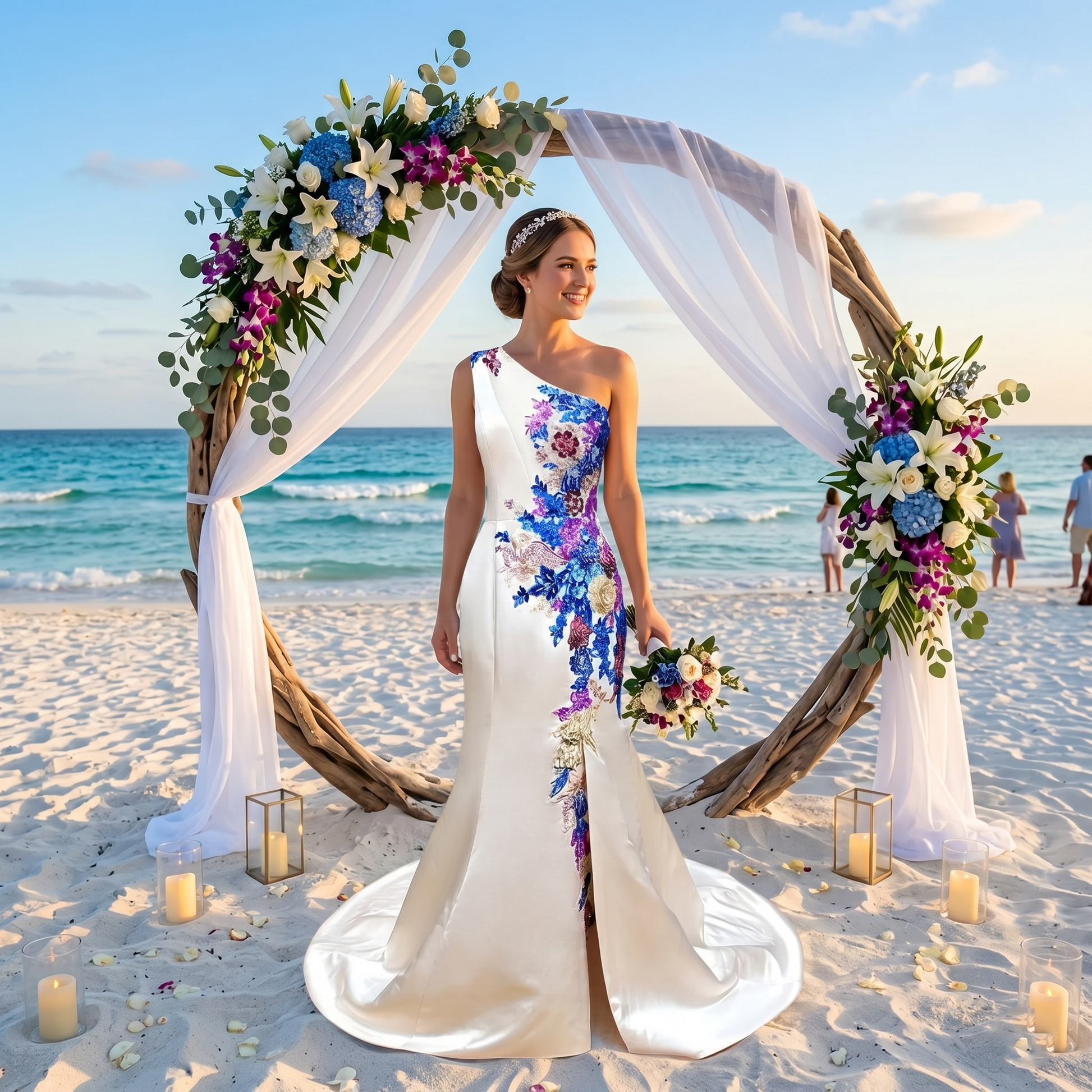 Glamorous model wearing an elegant one-shoulder evening dress featuring vibrant 3D floral appliqués and a daring thigh-high leg slit at an upscale formal gala event.