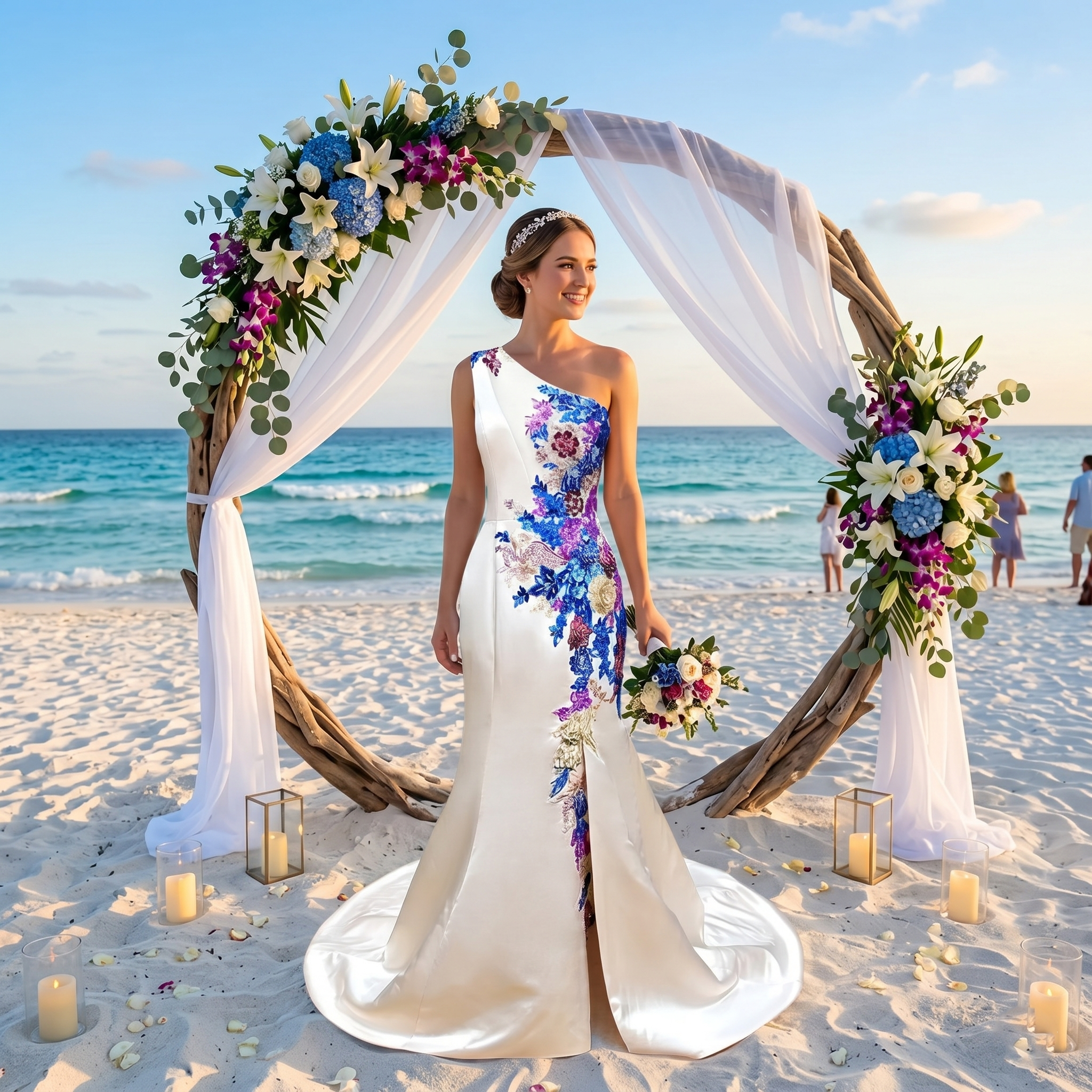Glamorous model wearing an elegant one-shoulder evening dress featuring vibrant 3D floral appliqués and a daring thigh-high leg slit at an upscale formal gala event.