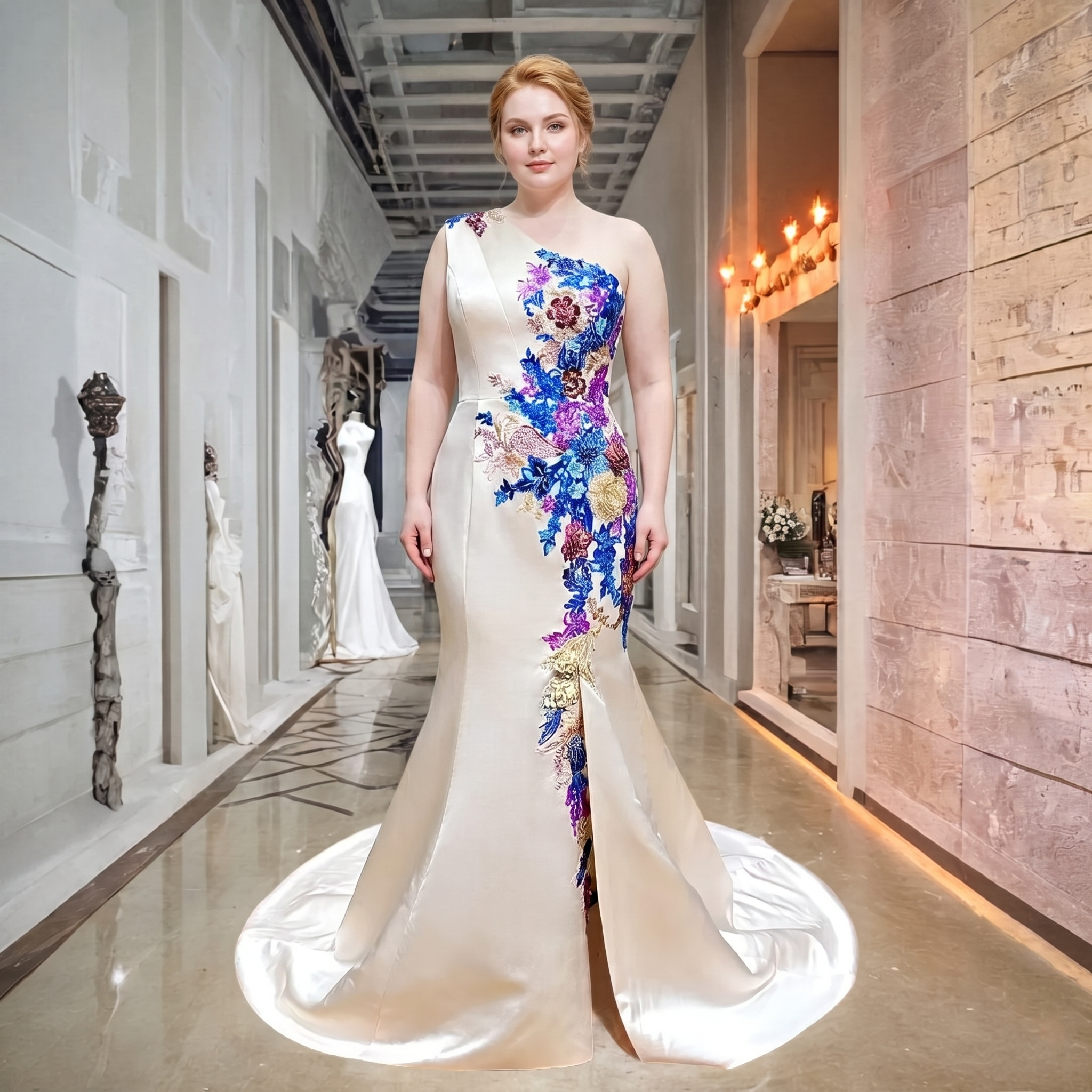 Plus-size formalwear model showcasing a couture one-shoulder prom dress decorated with textured 3D flowers and a flowing high-slit skirt in a luxury boutique showroom.