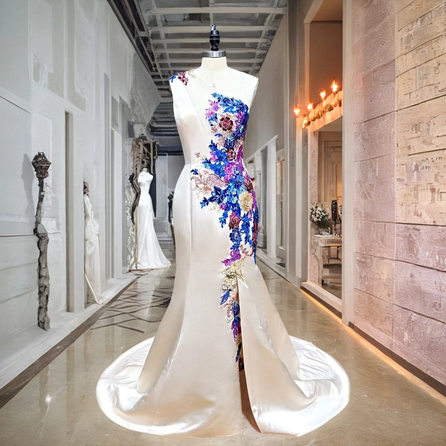 Front view of a sophisticated one-shoulder formal gown with handmade 3D floral shoulder details and an asymmetrical leg slit displayed on a mannequin.
