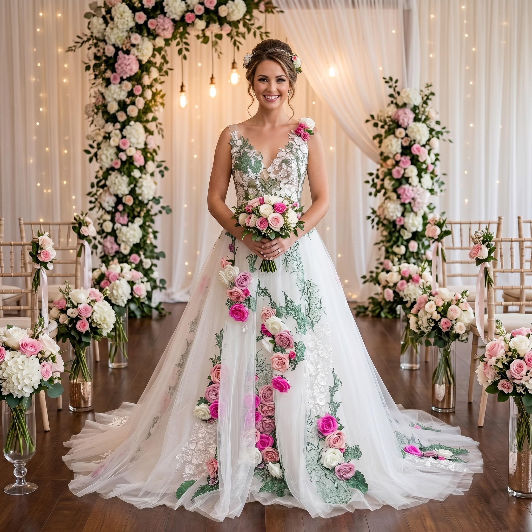 Elegant bride in a rustic, pastoral setting wearing a handmade flowers ball gown wedding dress with a romantic off-shoulder neckline and cascading floral details.