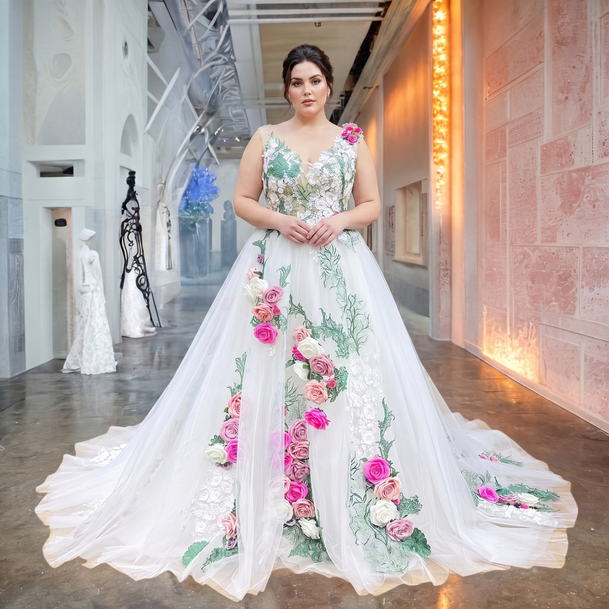 Plus-size bridal model in a modern indoor gallery showcasing a pastoral ball gown wedding dress, featuring delicate handmade flowers, off-shoulder straps, and a voluminous skirt.