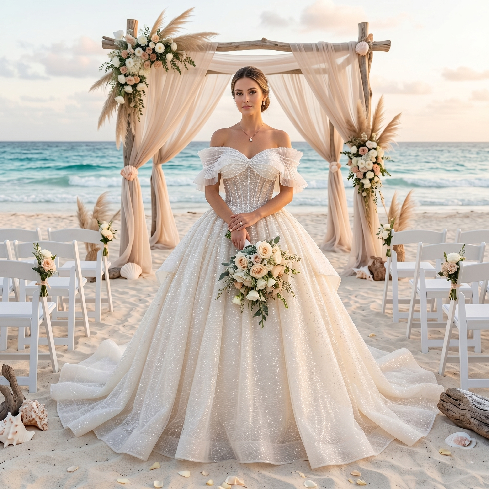Beautiful bride standing on a beach under a floral arch holding a rose bouquet, wearing a stunning pearl bow glitter ball gown wedding dress featuring an off-shoulder neckline and a sweeping skirt.