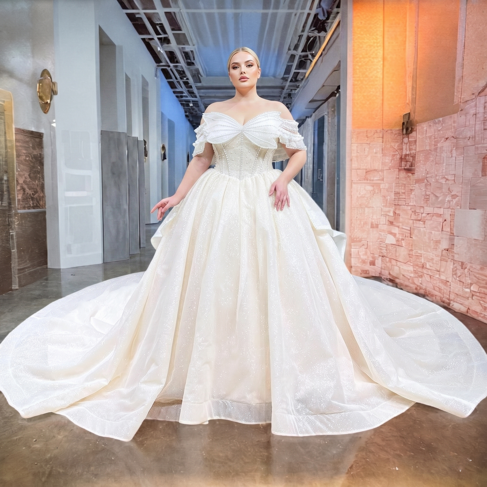 Plus-size bridal model in an elegant indoor venue showcasing a sparkling pearl bow glitter ball gown wedding dress with off-shoulder ruffled sleeves and a voluminous skirt.