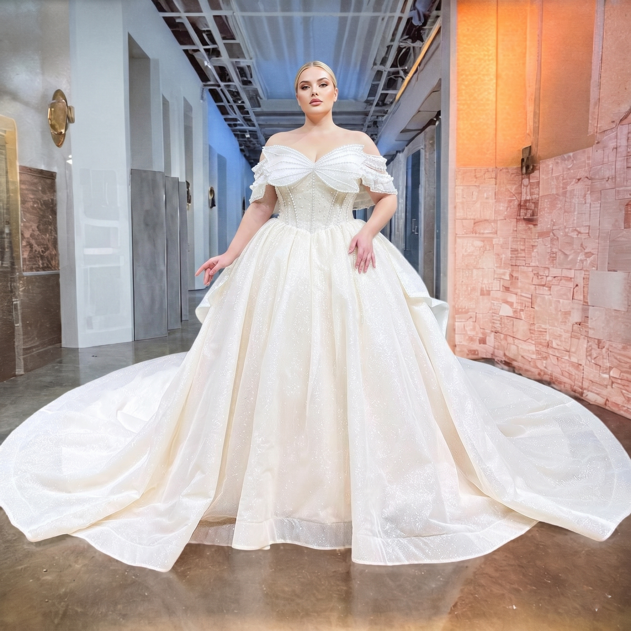Plus-size bridal model in an elegant indoor venue showcasing a sparkling pearl bow glitter ball gown wedding dress with off-shoulder ruffled sleeves and a voluminous skirt.