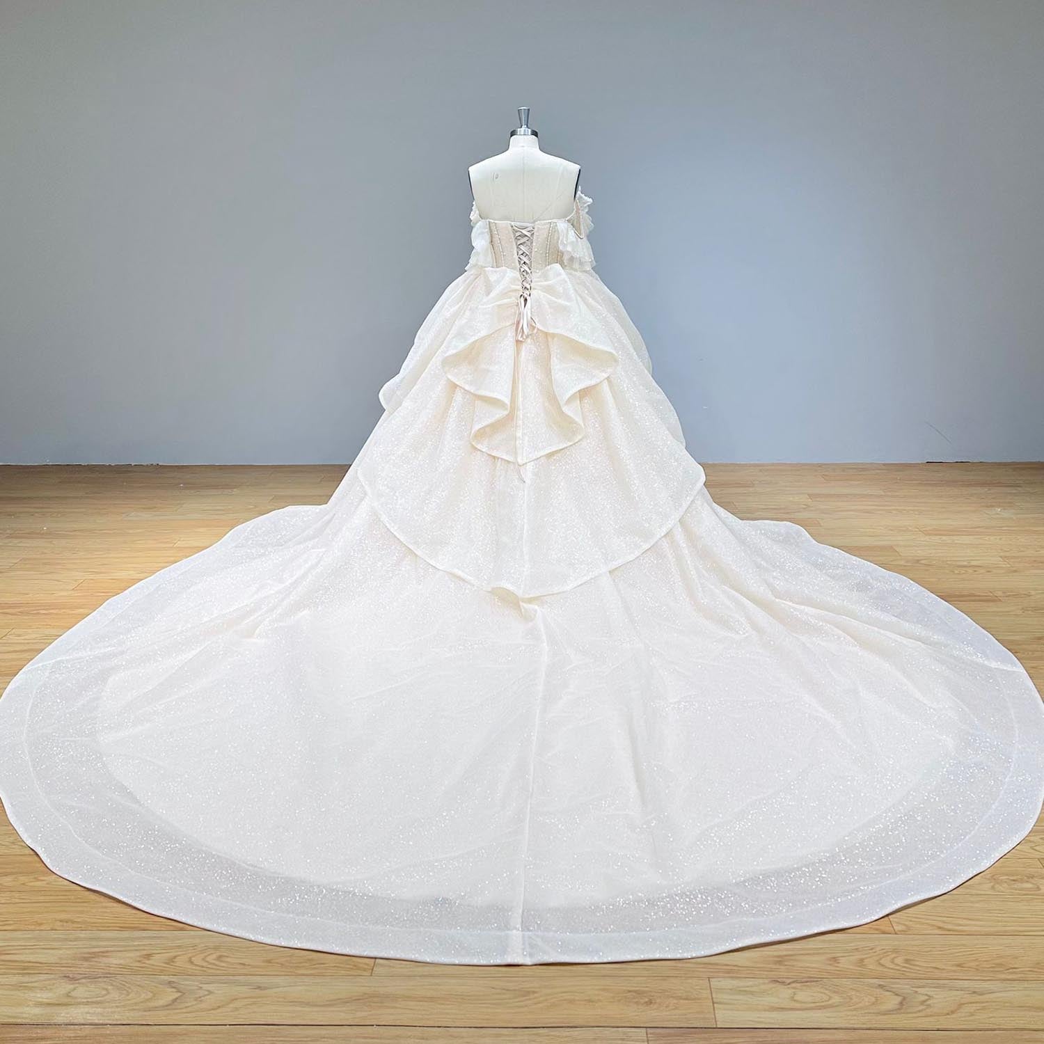 Dramatic full back view of an off-shoulder glitter ball gown wedding dress on a mannequin, displaying the classic lace-up back, elegant tiered bustle, and sweeping sparkling train.