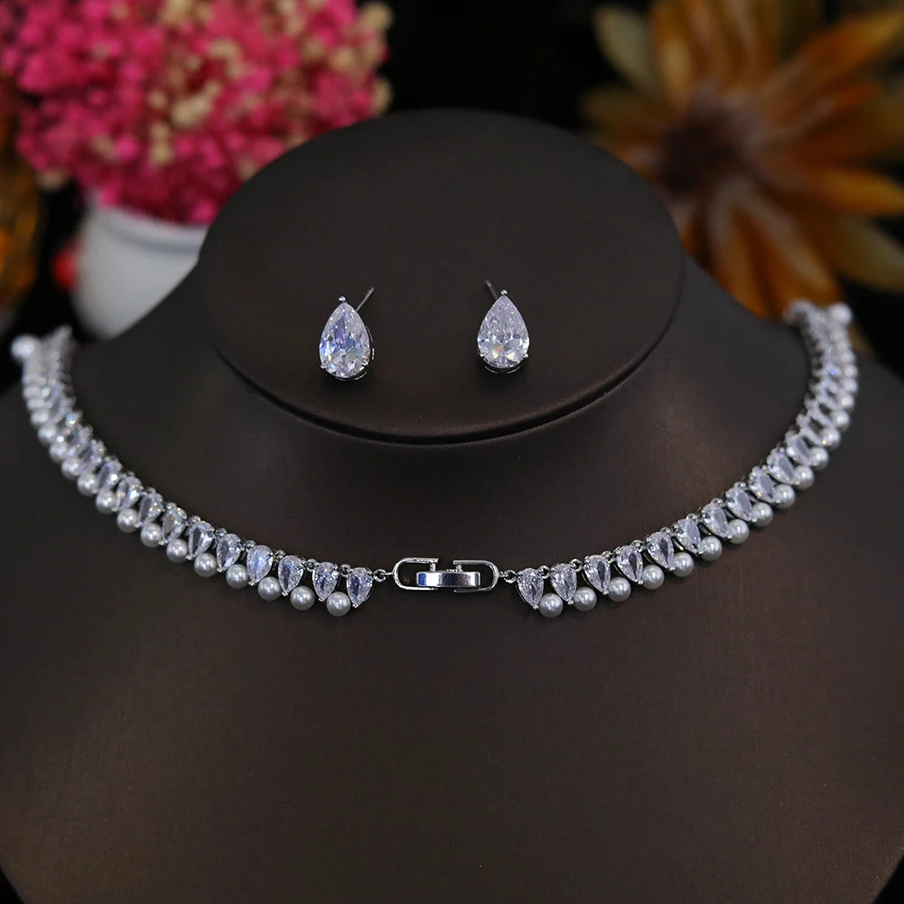 Rear angle view showcasing the secure link clasp of the silver-plated cubic zirconia pearl wedding choker necklace.