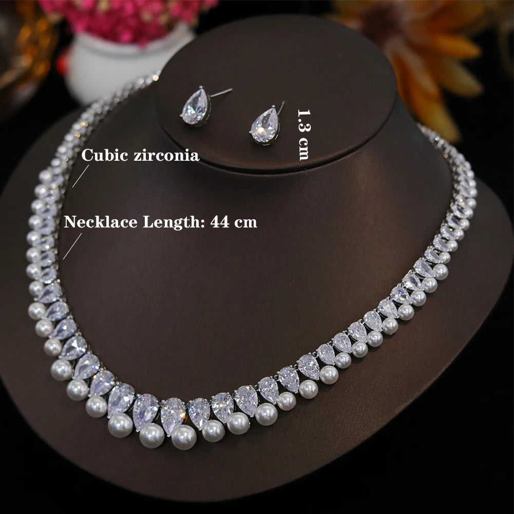 Product sizing diagram for the bridesmaid gift collection, indicating a 44 cm necklace length and 1.3 cm teardrop cubic zirconia earrings.