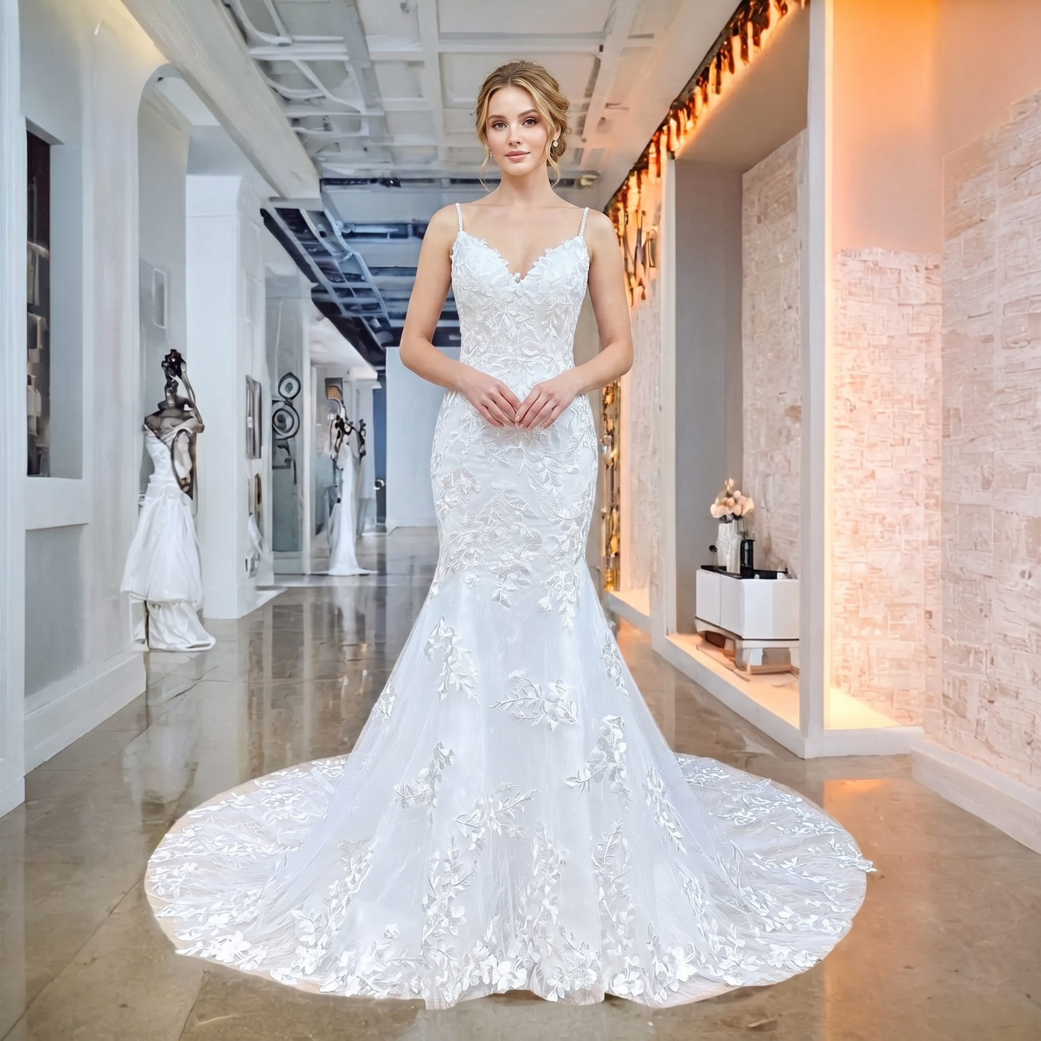 Elegant model wearing a white sweetheart neck mermaid wedding dress with delicate pearl shoulder straps and intricate lace appliques in a luxury bridal showroom.