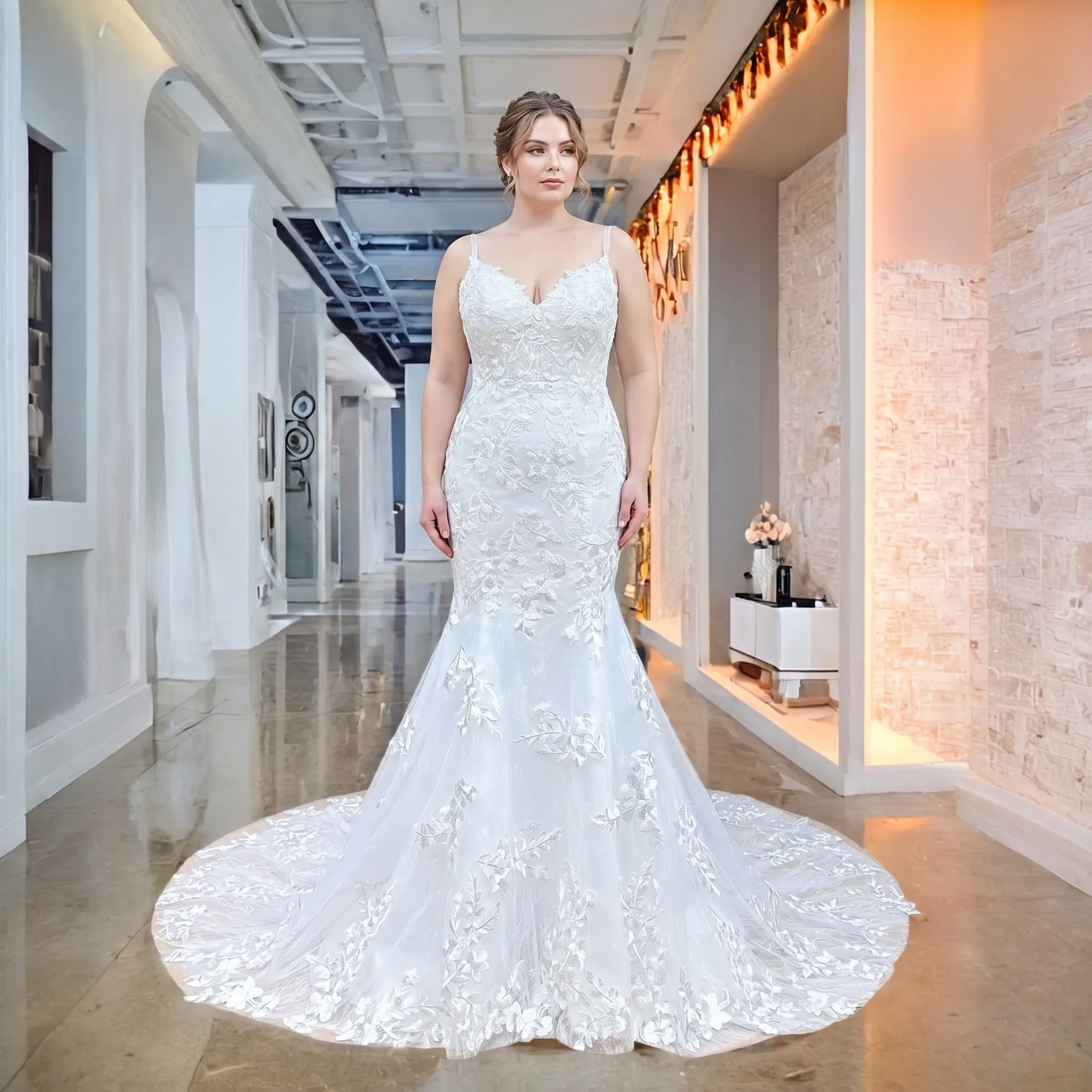 Plus-size bridal gown showcase featuring a curvy model in a backless mermaid wedding dress with a sweetheart neckline and all-over floral lace.