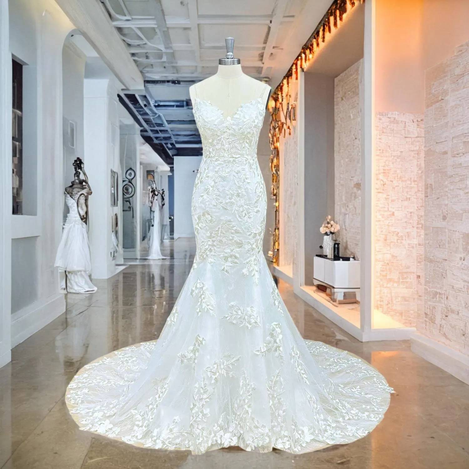 Luxury bridal boutique display of a white mermaid wedding gown with pearl straps and a long, flowing train under professional lighting.