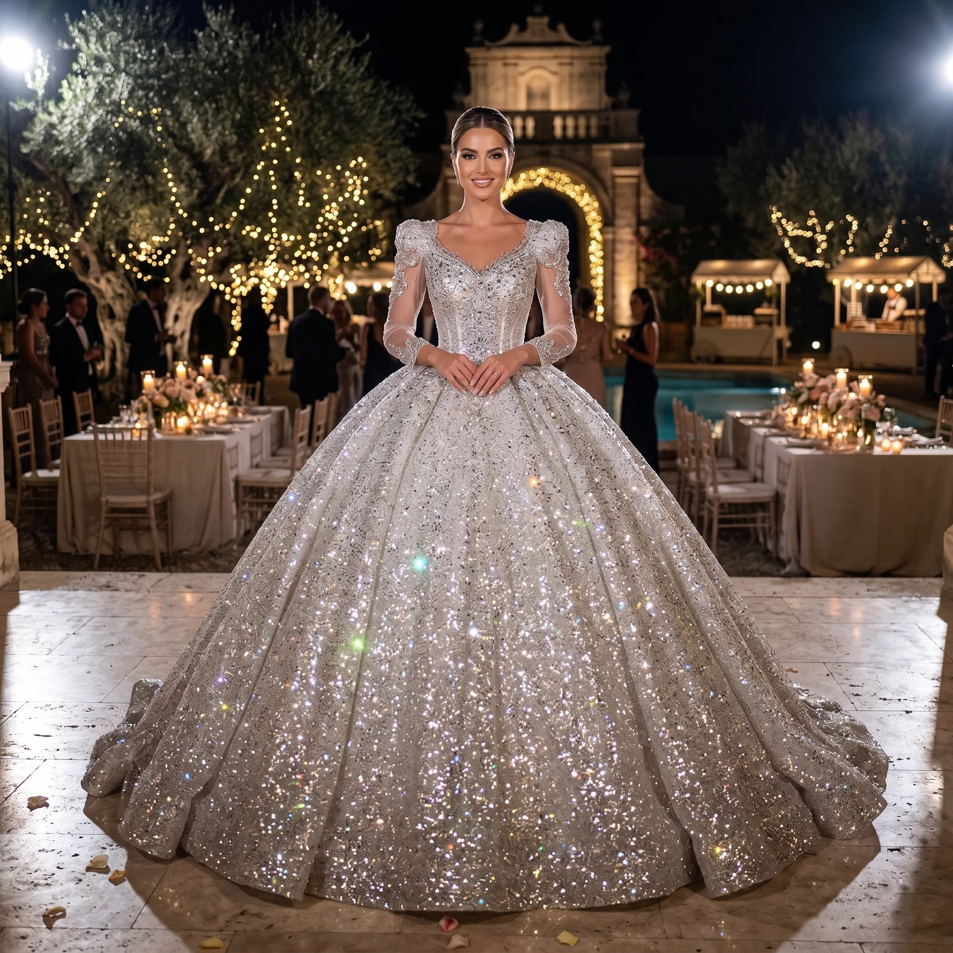 Bride wearing a luxury pearl-embellished long sleeve ball gown wedding dress with an illusion neckline at a romantic outdoor evening ceremony.