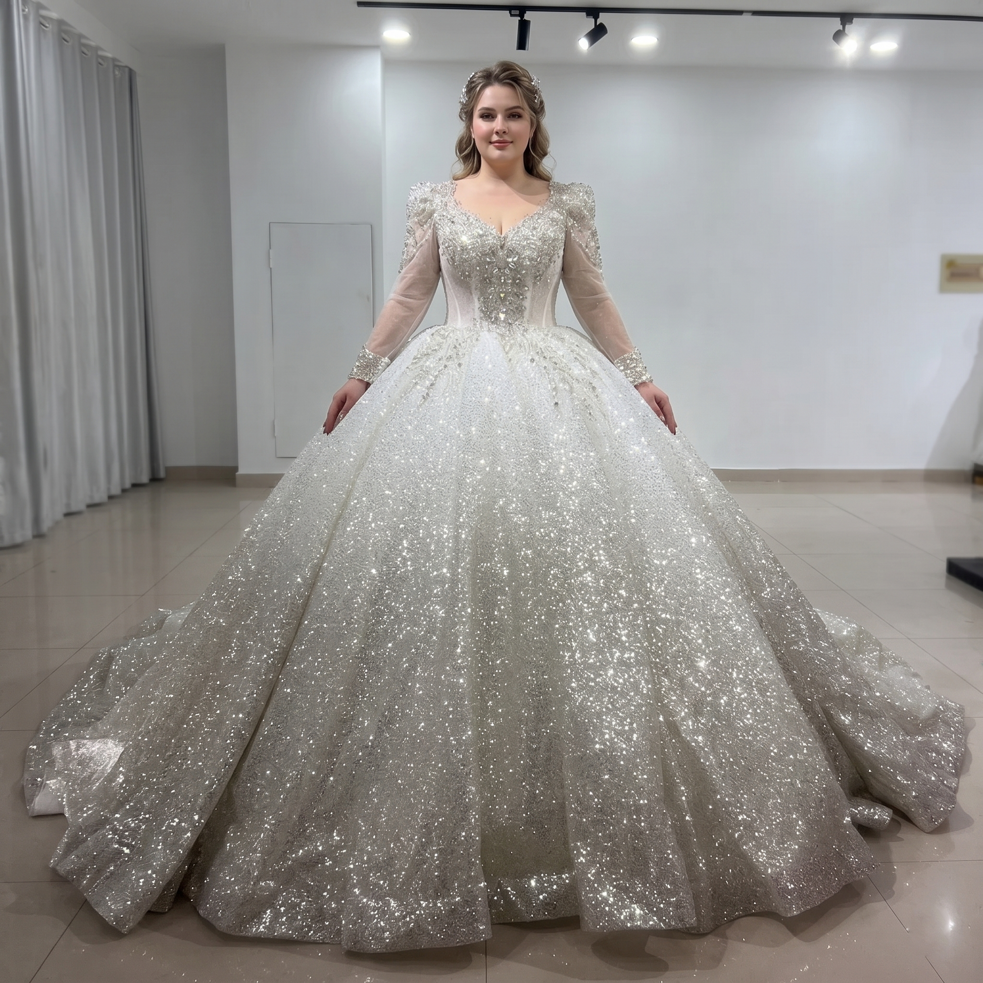 Model showcasing a regal long sleeve pearl bridal gown featuring a structured bodice, deep plunging sweetheart neckline, and a voluminous shimmering tulle skirt.