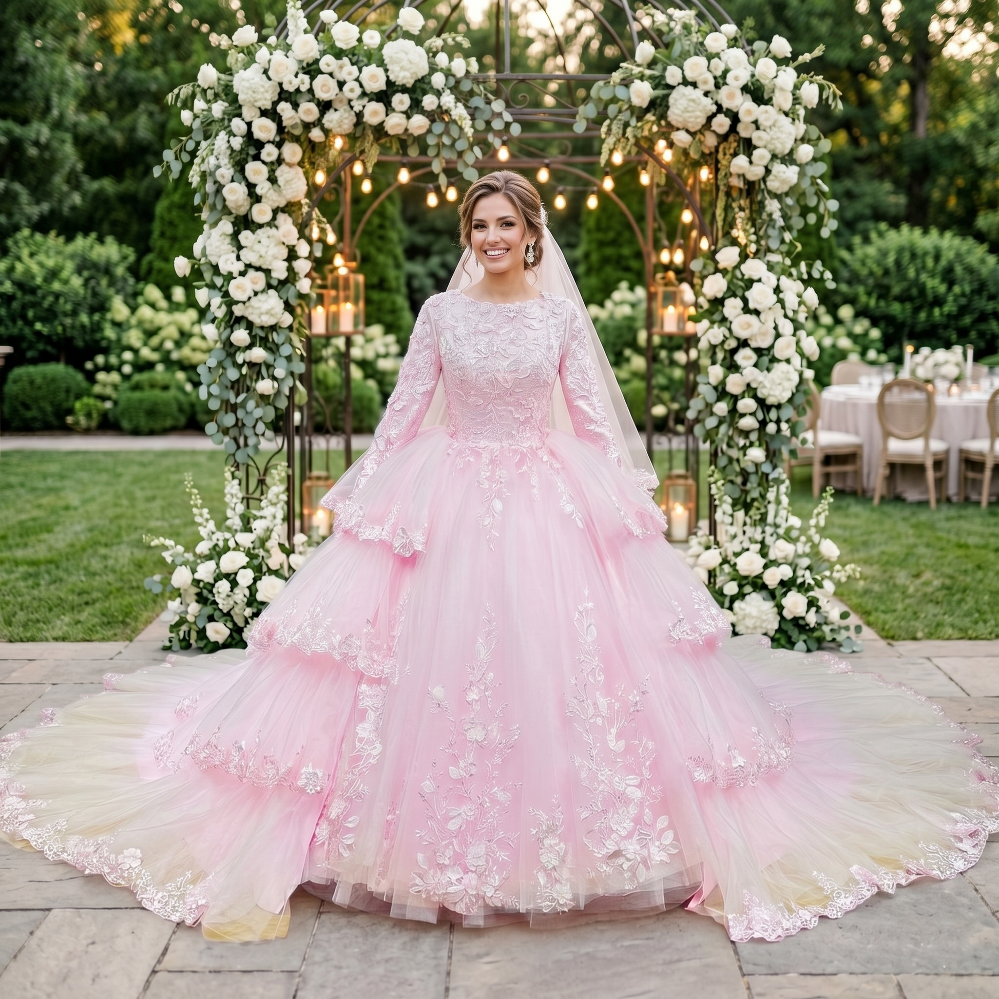 Smiling bride wearing a vibrant pink long-sleeve wedding dress with a dramatic tiered tulle ball gown skirt, standing outdoors under a white floral archway.