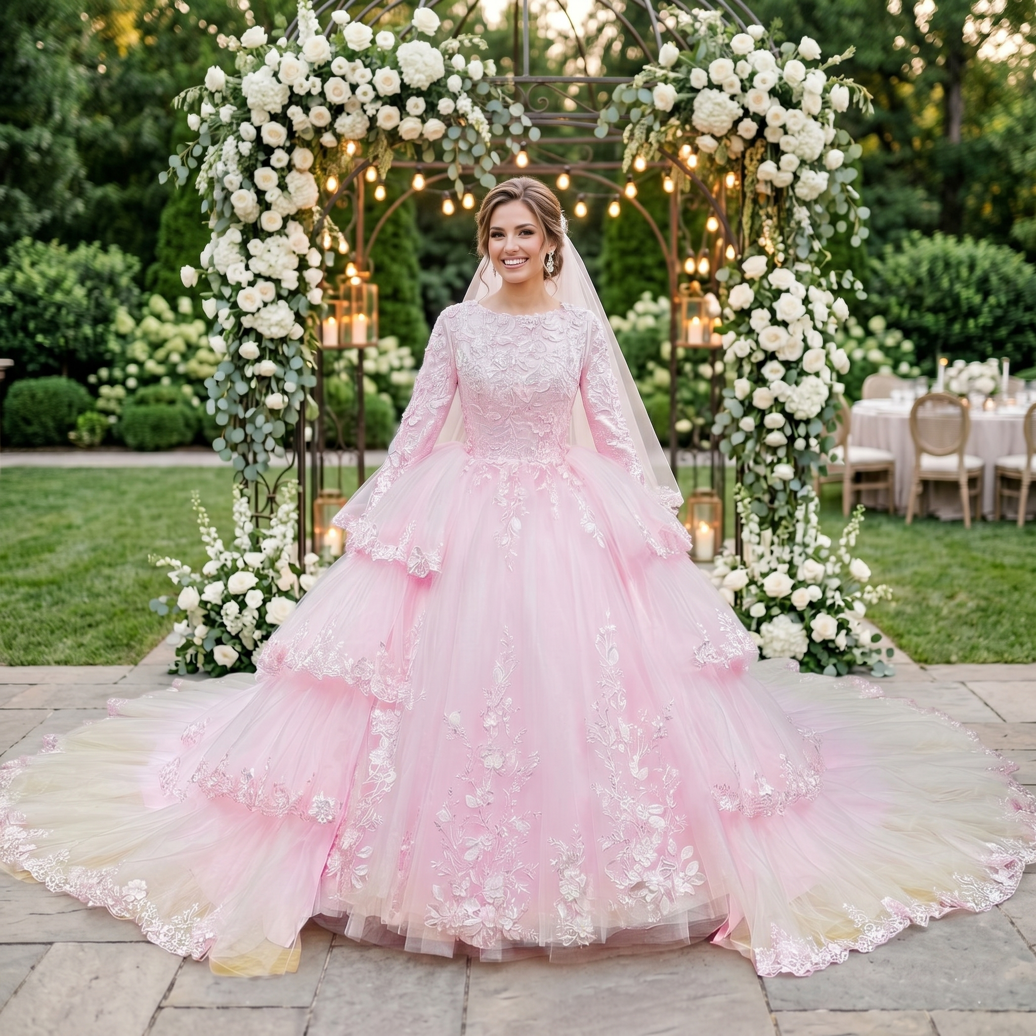 Smiling bride wearing a vibrant pink long-sleeve wedding dress with a dramatic tiered tulle ball gown skirt, standing outdoors under a white floral archway.