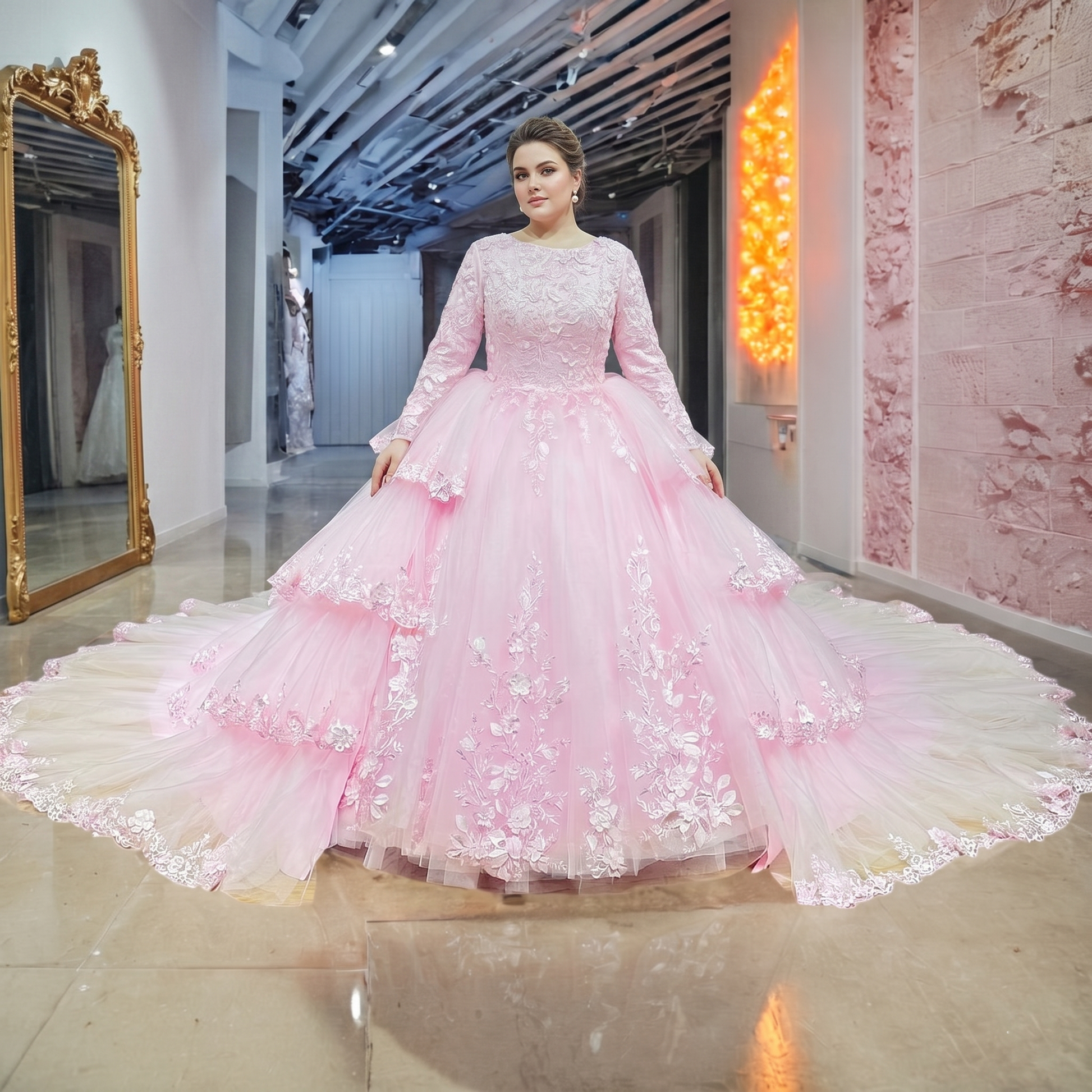 Full-length view of a model in a luxury pink bridal gown showcasing a voluminous layered skirt with lace applique borders and an attached cathedral-length train extension.