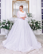 Full-length studio display of the luxurious high neck sequined wedding dress in a classic soft white shade, showcasing the high-neck collar design and elegant layered tulle skirt.