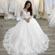 Elegant plus-size wedding dress featuring a V-neckline, full-length lace sleeves, and a grand court train with intricate lace applique details.