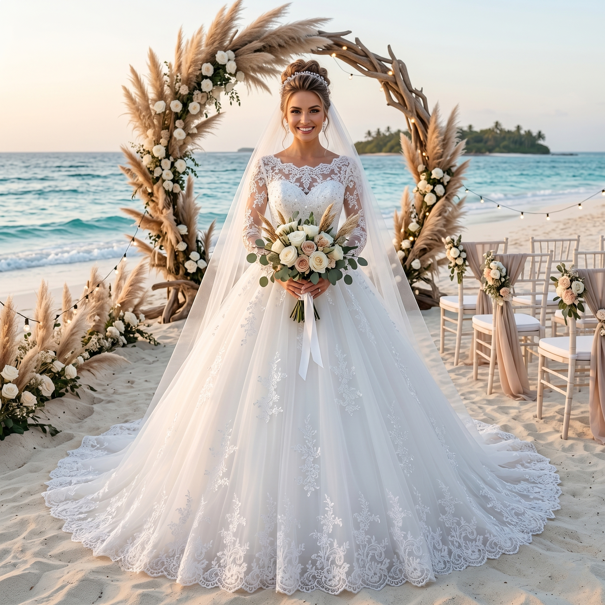 Full-length front view of a model wearing a princess ball gown wedding dress with elegant long sheer lace sleeves, an intricately beaded sweetheart neckline bodice, and a voluminous layered tulle skirt designed for plus size brides.