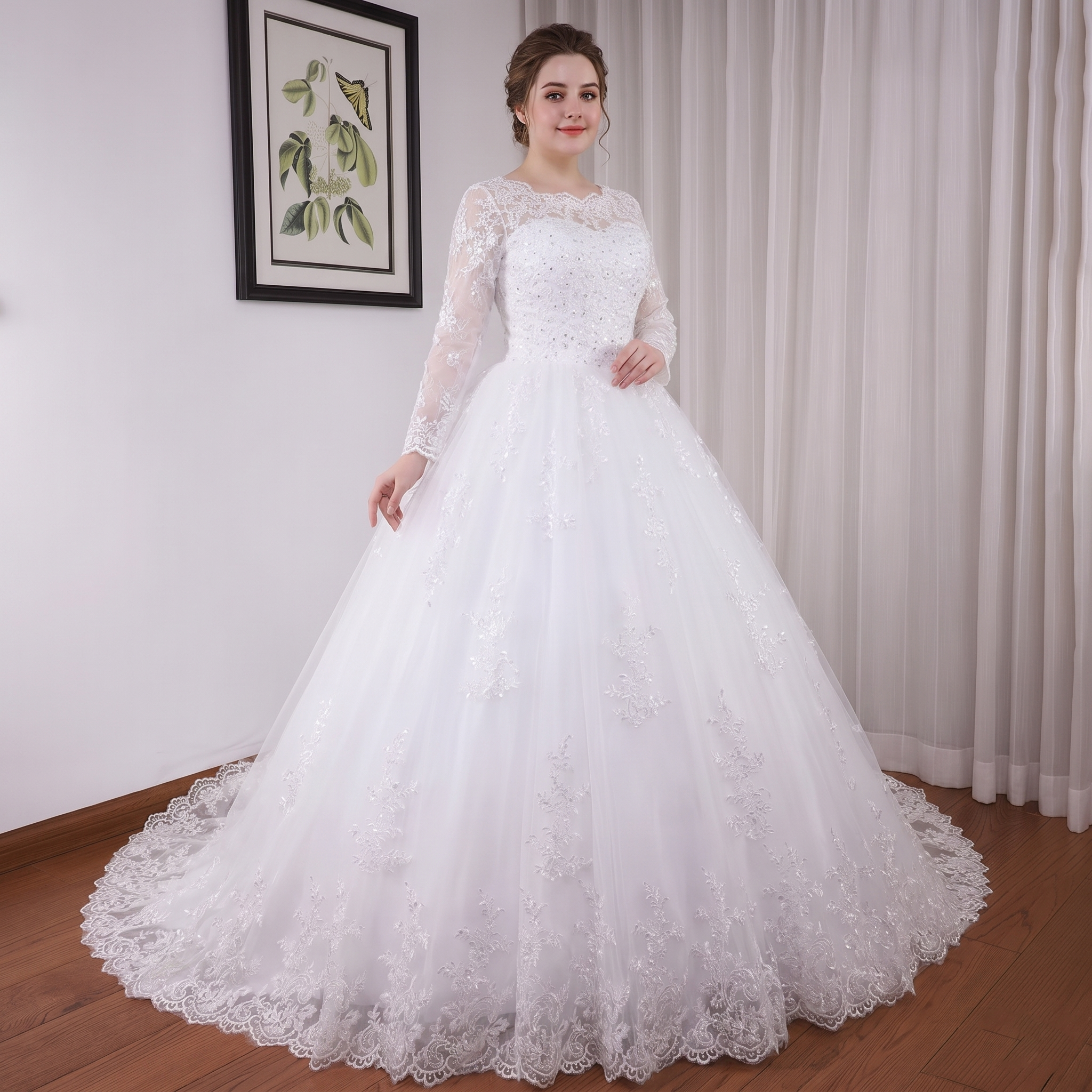Detailed back view of the long sleeve princess bridal gown, showcasing a low illusion lace back with button details and a majestic, sweeping cathedral-length ball gown train.