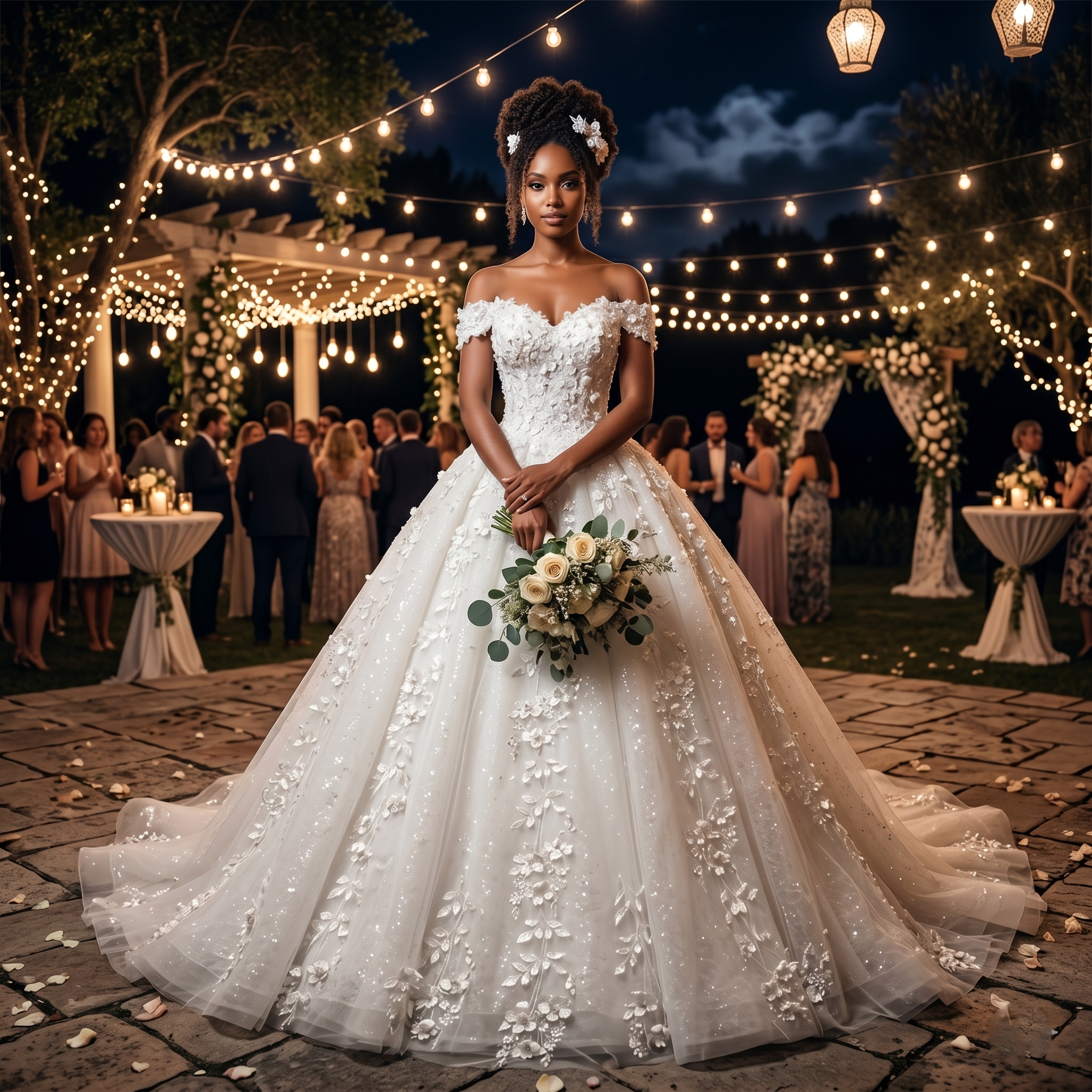 A bride in a princess ball gown wedding dress with 3D floral lace appliques, standing at an outdoor beach ceremony with romantic string lighting.