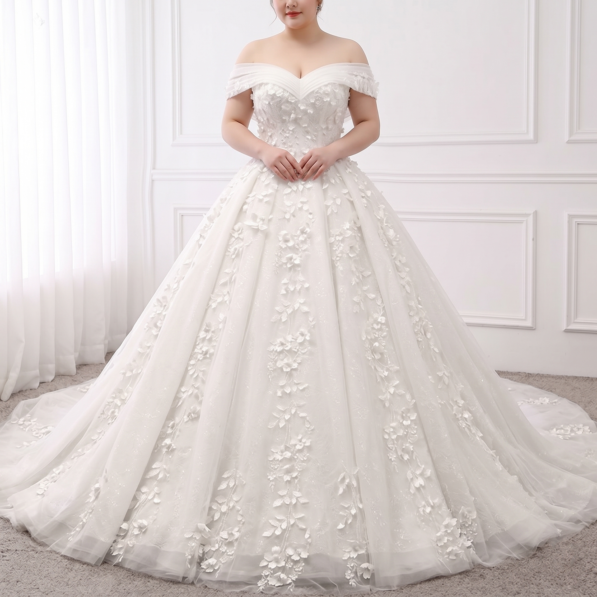 Plus-size princess ball gown wedding dress featuring off-the-shoulder sleeves and intricate three-dimensional floral lace detailing.