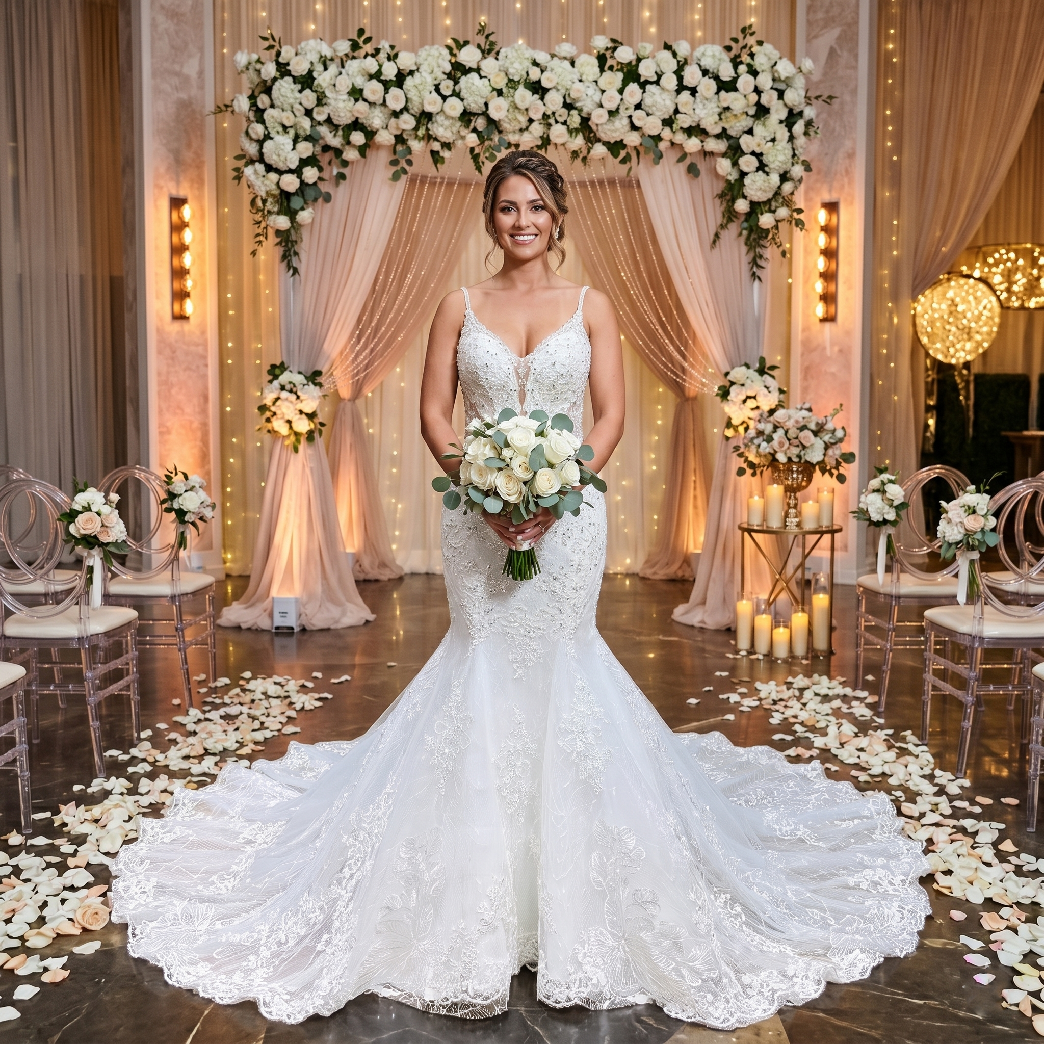 Smiling bride wearing a luxury crystal mermaid wedding dress with dainty spaghetti straps and a plunging V-neckline, standing under a glamorous indoor floral arch.