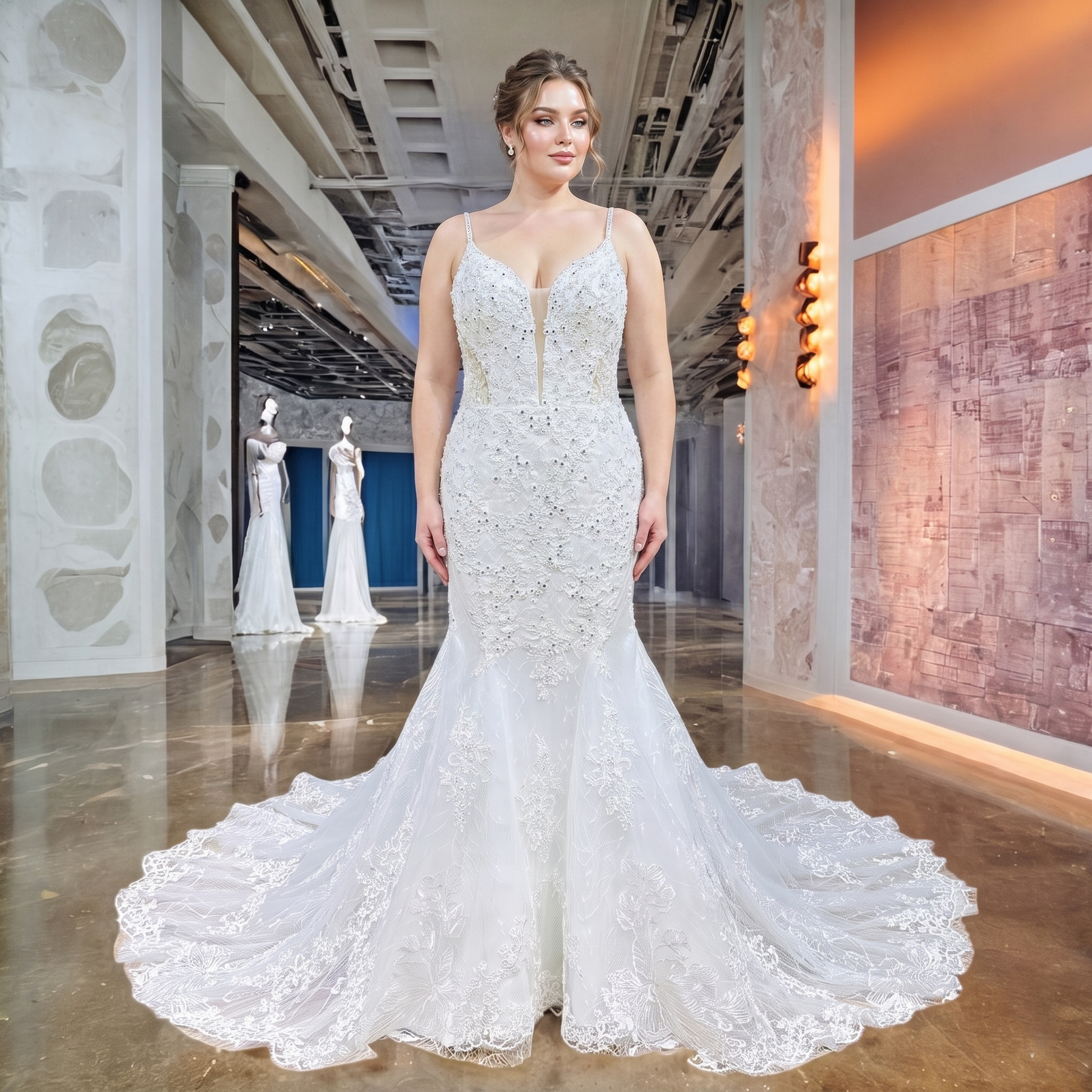 Plus-size bride showcasing a form-fitting trumpet wedding gown adorned with glistening rhinestone crystal beading and a flared lace applique skirt.