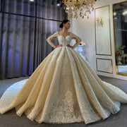 Full front view of an elegant princess puffy ball gown wedding dress, featuring long illusion lace sleeves, a deep sweetheart neckline, and a majestic shimmering cathedral train.
