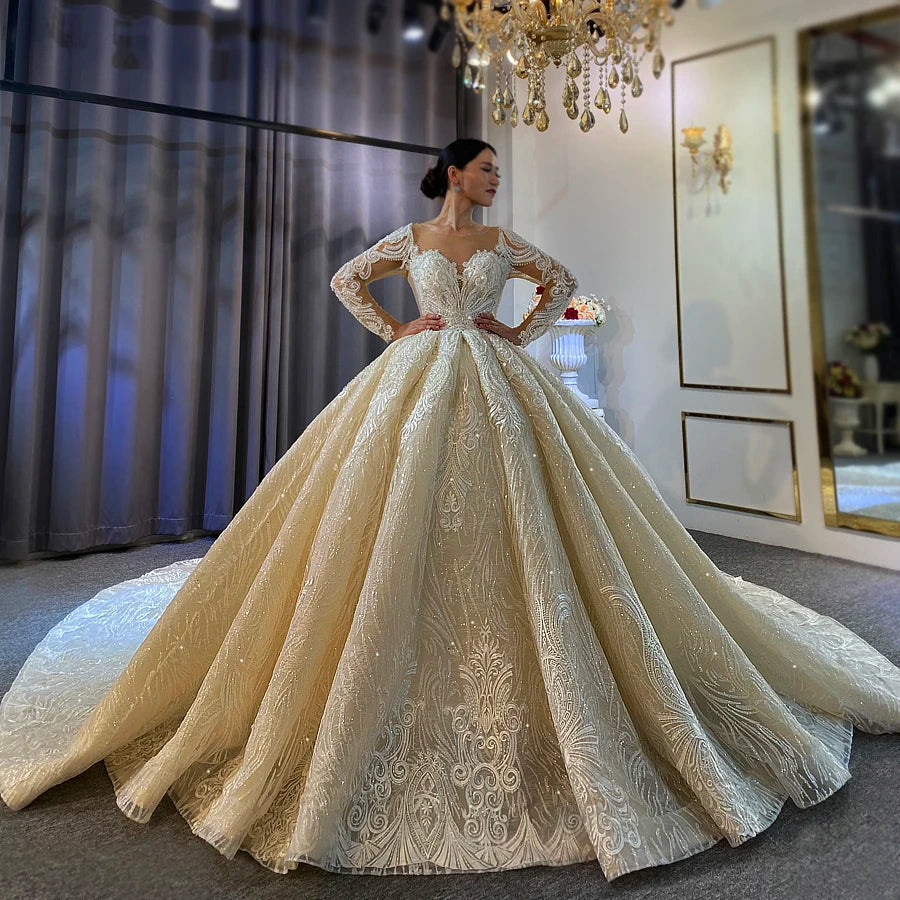 Full front view of an elegant princess puffy ball gown wedding dress, featuring long illusion lace sleeves, a deep sweetheart neckline, and a majestic shimmering cathedral train.