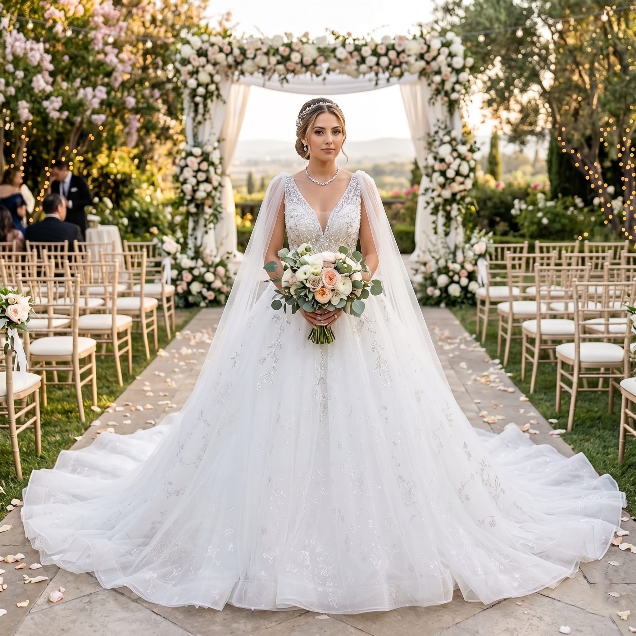 A smiling bride wearing a sparkling sequined ball gown wedding dress with a plunge V-neckline and sheer tulle cape sleeves, holding a bridal bouquet at an outdoor garden wedding altar.