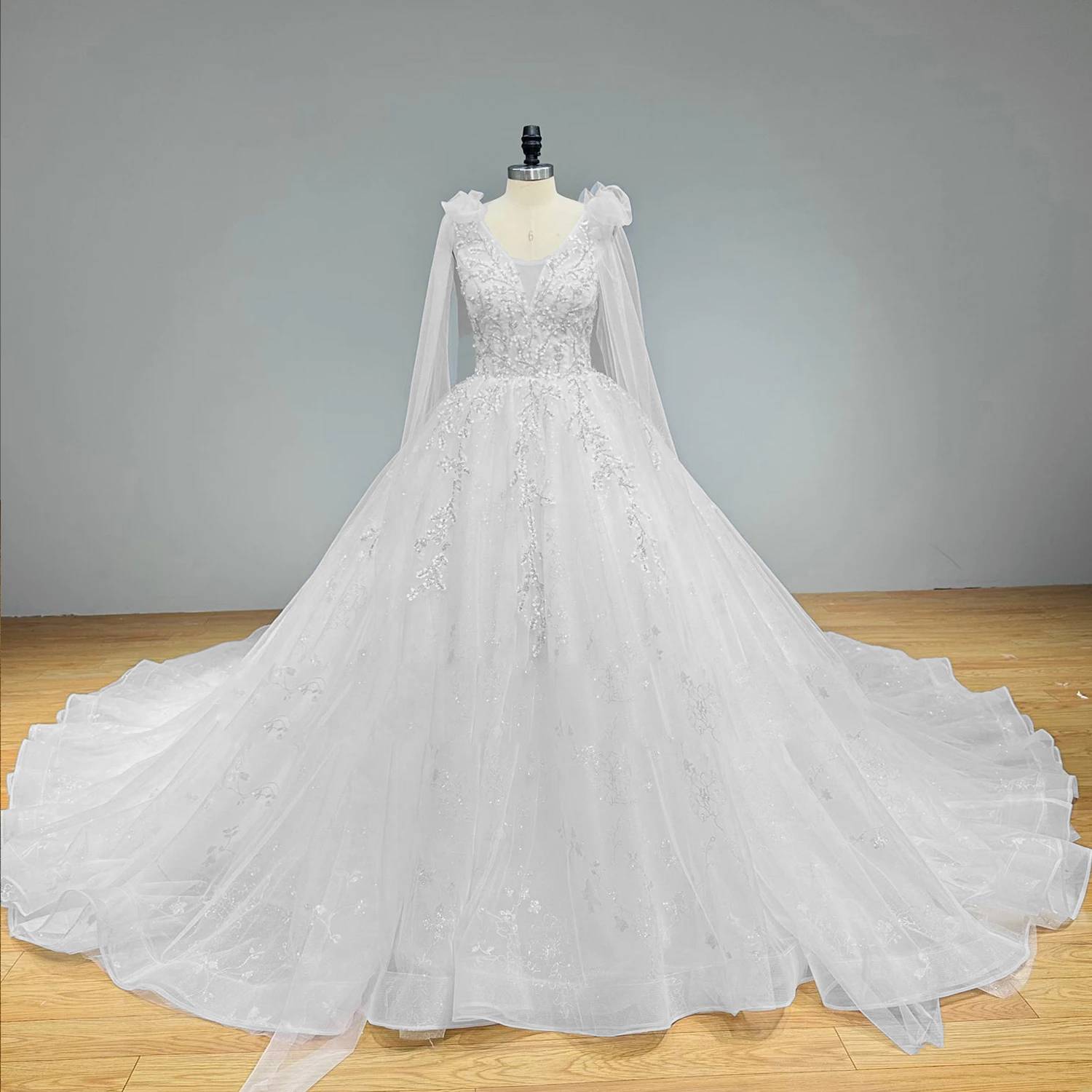 Full front view of a luxury princess wedding dress on a mannequin featuring intricate silver floral beadwork, a deep V-neck, and a voluminous layered tulle chapel train.