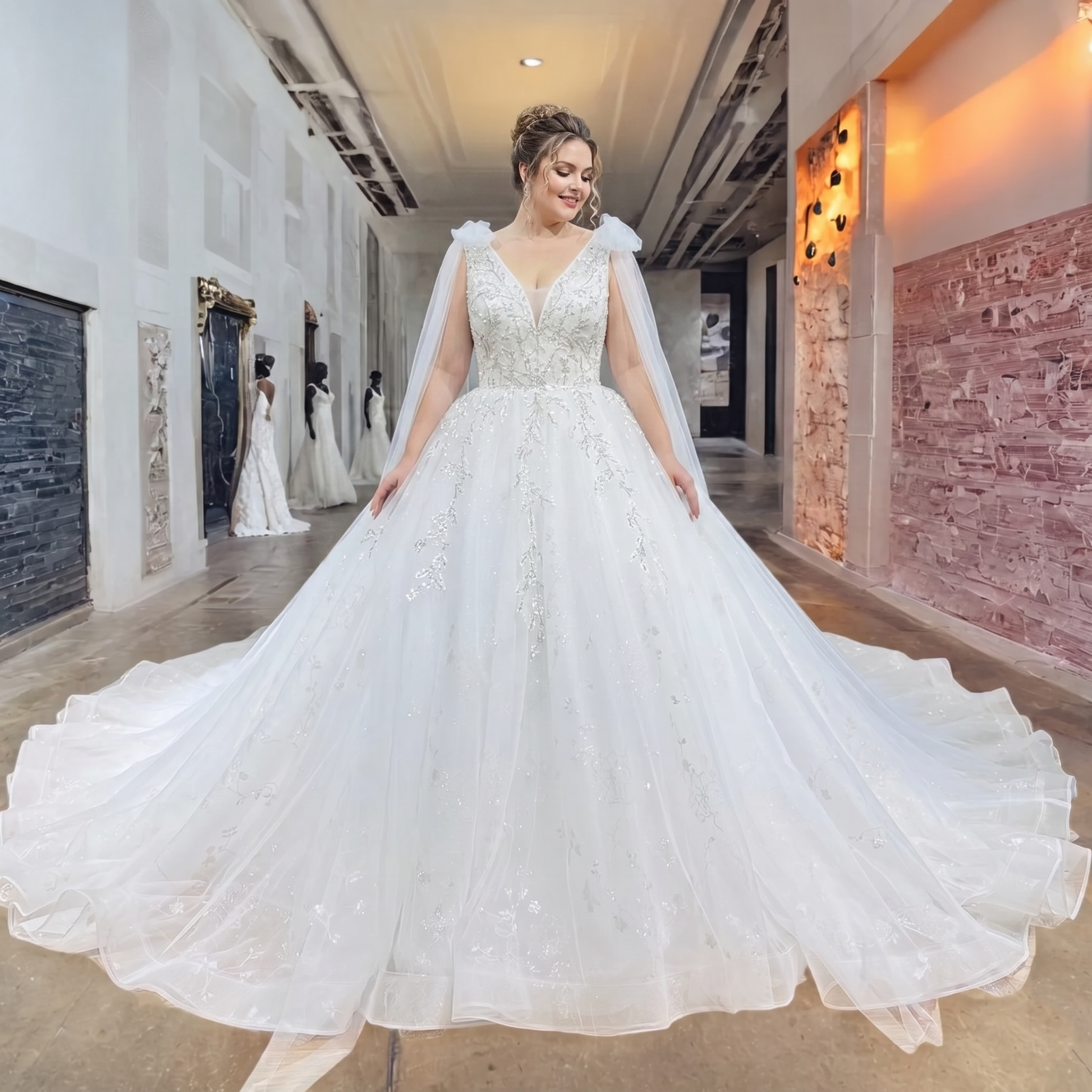 A smiling plus-size bride showcasing a white princess ball gown bridal dress featuring a heavily beaded bodice, dramatic tulle train, and attached floor-length cape streamers in a boutique showroom.
