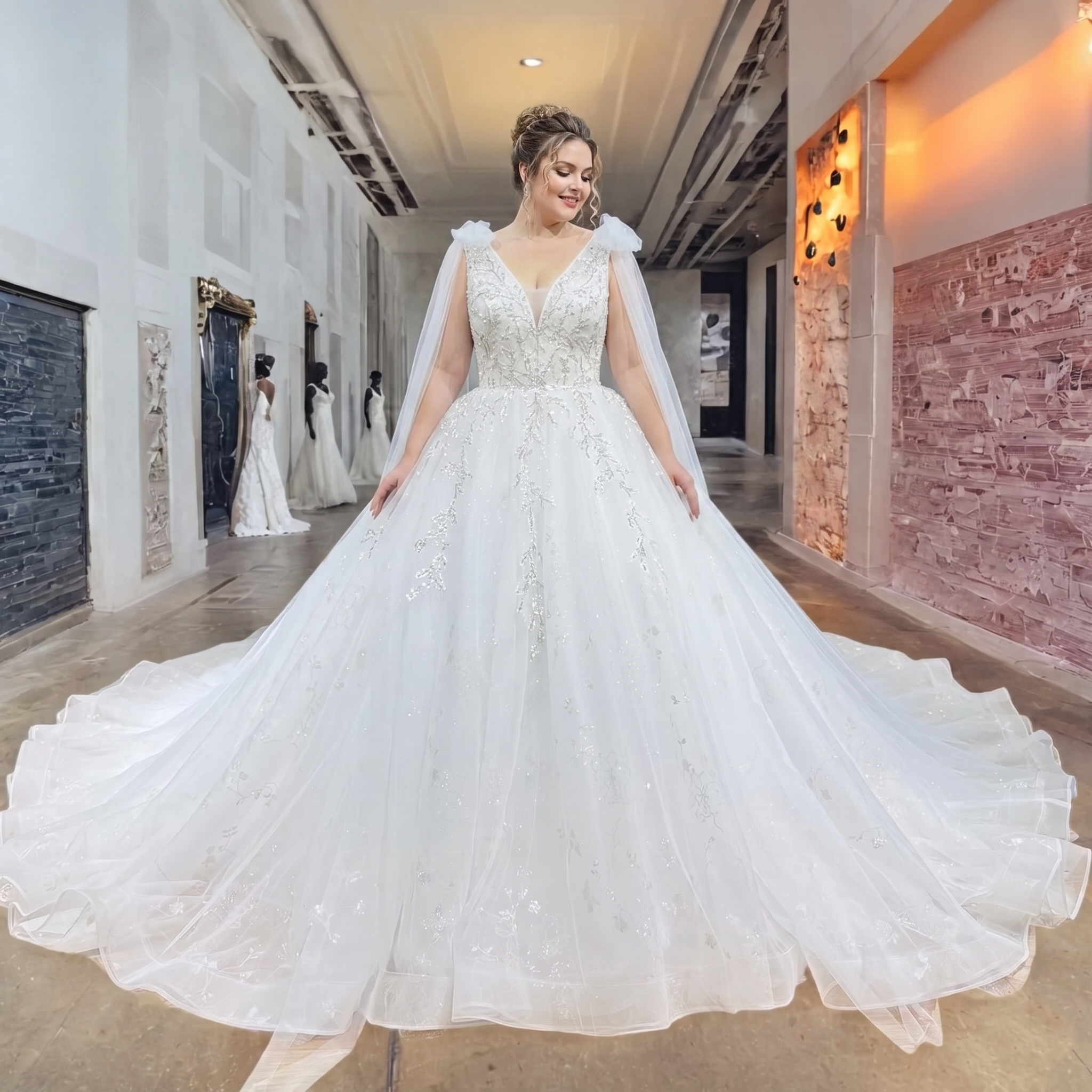 A smiling plus-size bride showcasing a white princess ball gown bridal dress featuring a heavily beaded bodice, dramatic tulle train, and attached floor-length cape streamers in a boutique showroom.