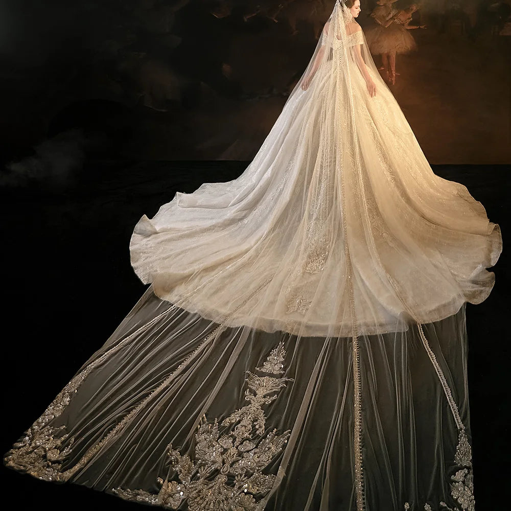 High-angle back view of a sequin bridal gown showcasing a massive cathedral train and an ultra-long wedding veil with intricate embroidered lace borders.